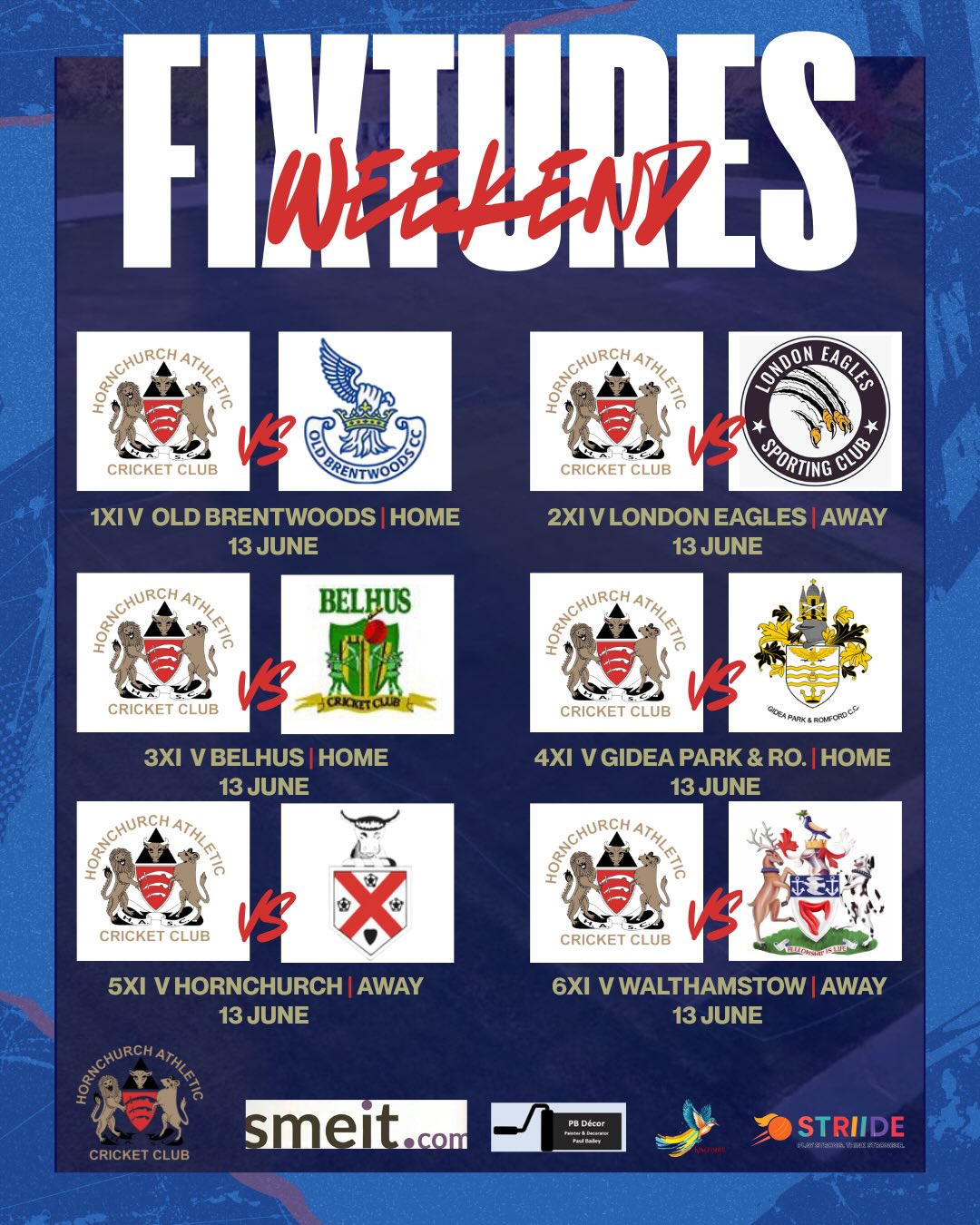 Weekend Fixtures & Teams
7 Games πβοΈπ
1s Vs @oldbrentwoodclub
2s @london_eagles_sc
3s Vs @belhuscc
4s @gprcc_
5s @hornchurchcc
6s @walthamstowcc
Sun XI Vs @forestgatelionscc