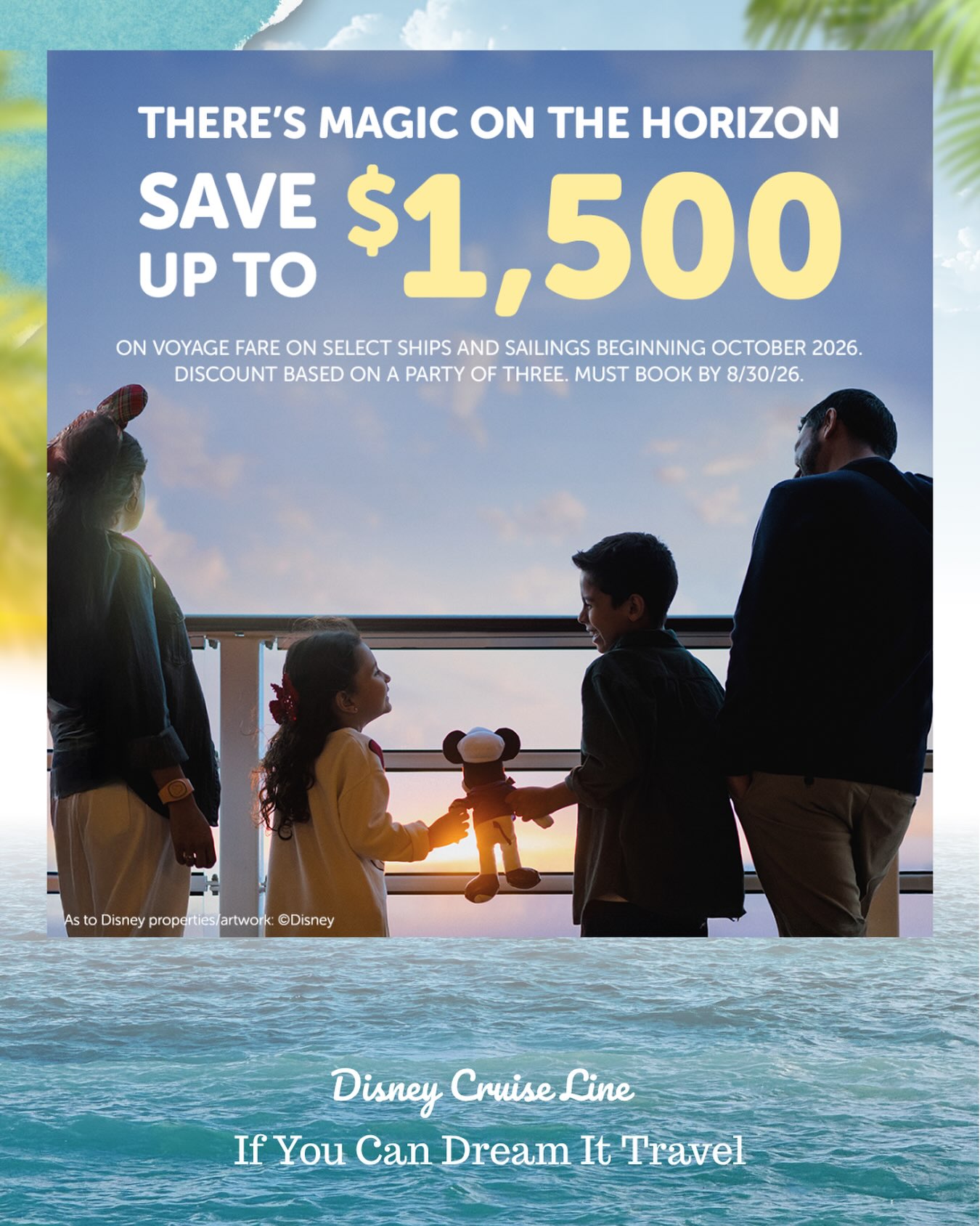 There’s magic on the horizon… and now is a great time to save. 🚢✨
For a limited time, families can save up to $1,500 on select Disney Cruise Line sailings departing October through December 2026 when booked by August 30, 2026.
Whether you’re dreaming of Halloween on the High Seas, a Very Merrytime Cruise, or simply making unforgettable memories together, this offer could make your Disney cruise even more magical.
Our travel advisors are here to help you:
✨ Find the sailings included in the promotion
✨ Compare stateroom options and savings
✨ Answer all of your Disney Cruise Line questions
✨ Take care of every detail from booking to embarkation
Availability is limited, and the best staterooms are often the first to go.
Comment CRUISE or send us a message today, and we’ll help you find the sailing that fits your family and maximize your savings. 🛳️✨