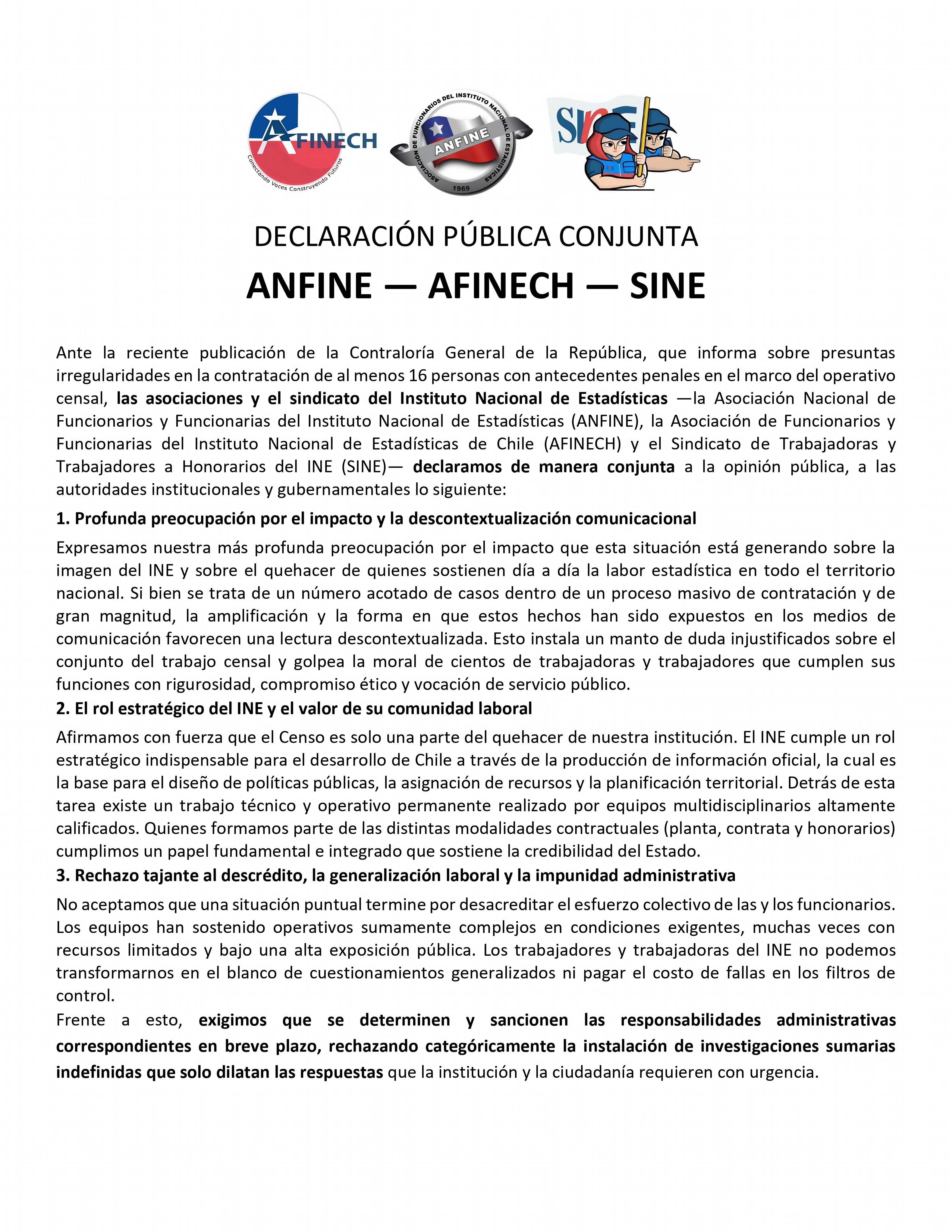 📢 ANFINE, AFINECH y SINE llaman a resguardar al INE y a sus trabajadoras y trabajadores
Las organizaciones del Instituto Nacional de Estadísticas manifestamos nuestra preocupación por el impacto público generado tras la información sobre presuntas irregularidades en el operativo censal.
⚠️ Rechazamos que hechos puntuales desacrediten el trabajo técnico y comprometido de cientos de funcionarias y funcionarios del INE.
📊 La función estadística pública es esencial para el país. Por eso exigimos una respuesta institucional clara, oportuna y medidas concretas para proteger a los equipos, especialmente a quienes cumplen labores en terreno.
🔗 Lee la declaración completa en www.anfine.cl
@sine_honorarios @afinech.ine
#ANFINE #AFINECH #SINE #INE #FunciónPública #EstadísticasPúblicas #TrabajadoresPúblicos