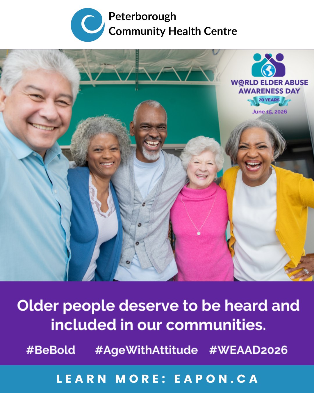 💜 June 15 is World Elder Abuse Awareness Day (WEAAD).
This day raises awareness about the importance of protecting older adults from abuse, neglect, and exploitation. Everyone deserves to age with dignity, respect, and safety.
Take time to learn the signs of elder abuse, start conversations, and help create a community where older adults feel valued and supported. 🤝💜
Learn more: eapon.ca
#WEAAD #WorldElderAbuseAwarenessDay #EndElderAbuse #SeniorsMatter #PCHC