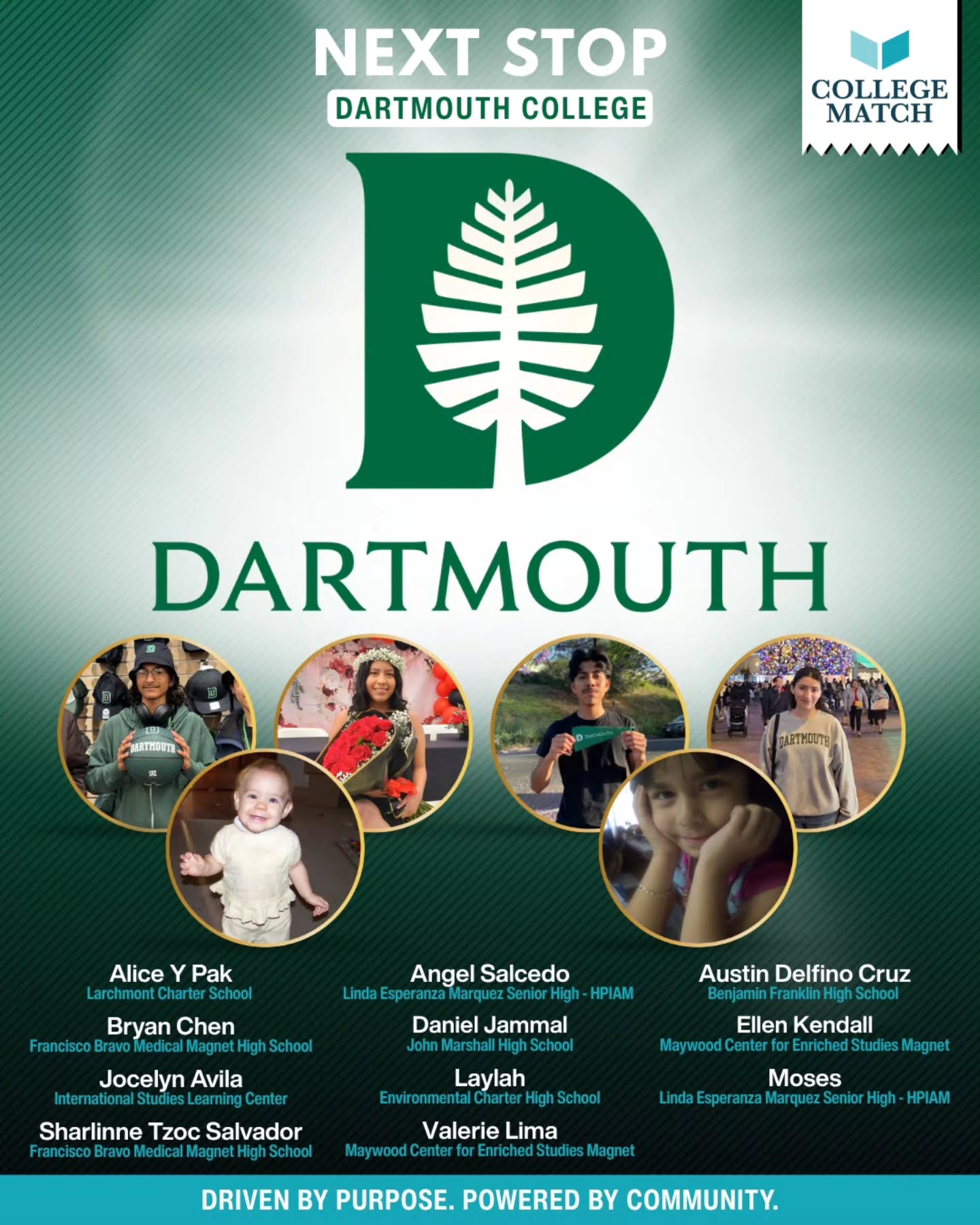 A new chapter is beginning in Hanover, and 11 College Match scholars are about to make their mark together! 🌲💚
This fall, this incredible group is heading to Dartmouth College, bringing their dreams, determination, brilliance, and heart with them. These brilliant scholars will arrive at Dartmouth with familiar faces, shared experiences, and a College Match family cheering them on from LA and beyond!
To our Dartmouth-bound scholars: we hope you find each other early, support each other often, and remember that the connections you build can become some of the most meaningful parts of your college journey.
Congratulations! We’re so proud of you and can’t wait to see the community, joy, and brilliance you’ll bring to Dartmouth. 💚🎓
#CollegeMatch 