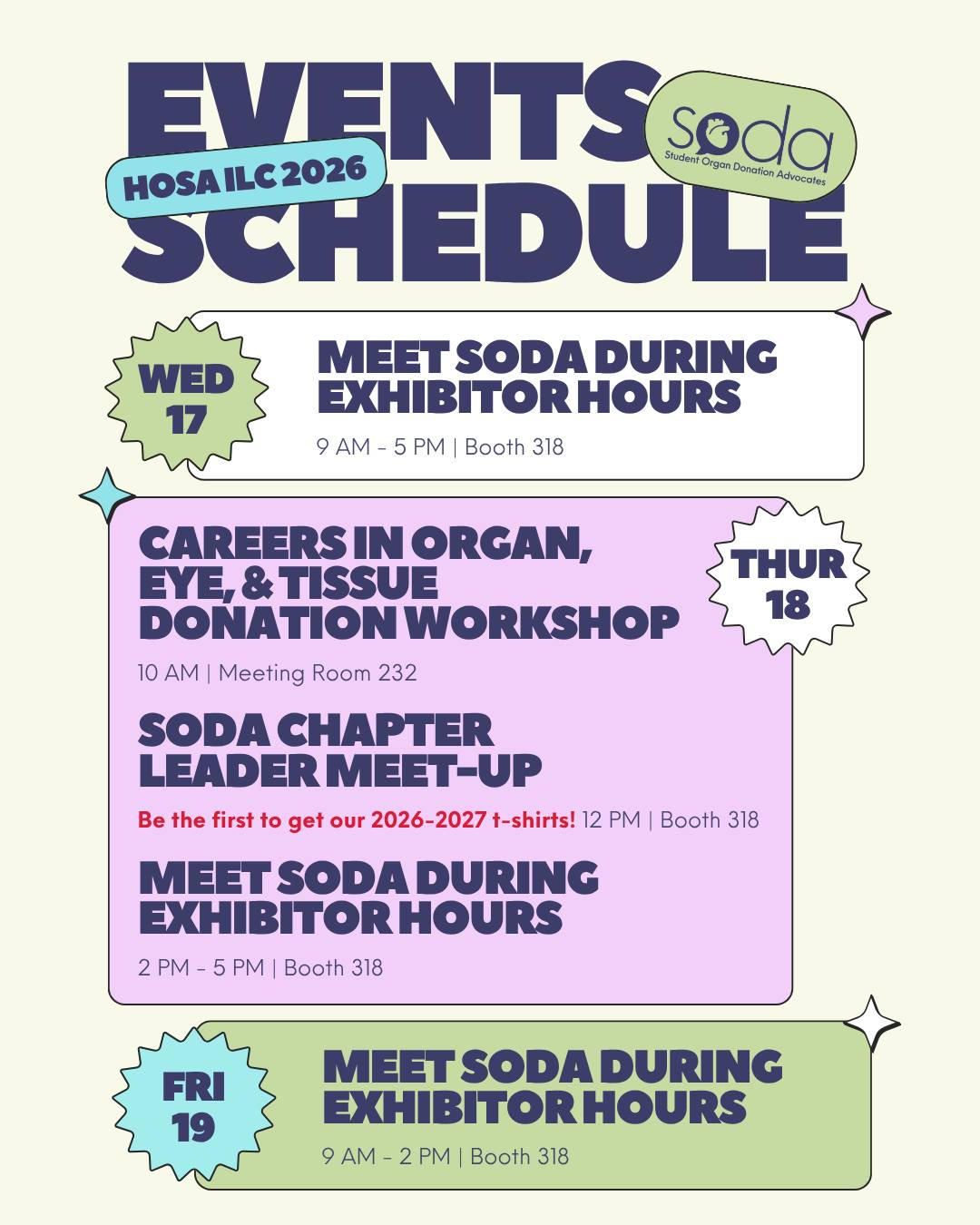 Your @hosafhp #ILC schedule just got better.
SODA is at ILC all week with @donatelifeamerica and @donatelifeindiana. See us at:
· Our exhibitor booth (Booth 318) throughout the event
· Our donation and transplantation careers workshop on Thursday at 10 AM (Meeting Room 232)
· Our SODA chapter meet-up at Booth 318 at noon on Thursday
Drop by and say hi 👋
