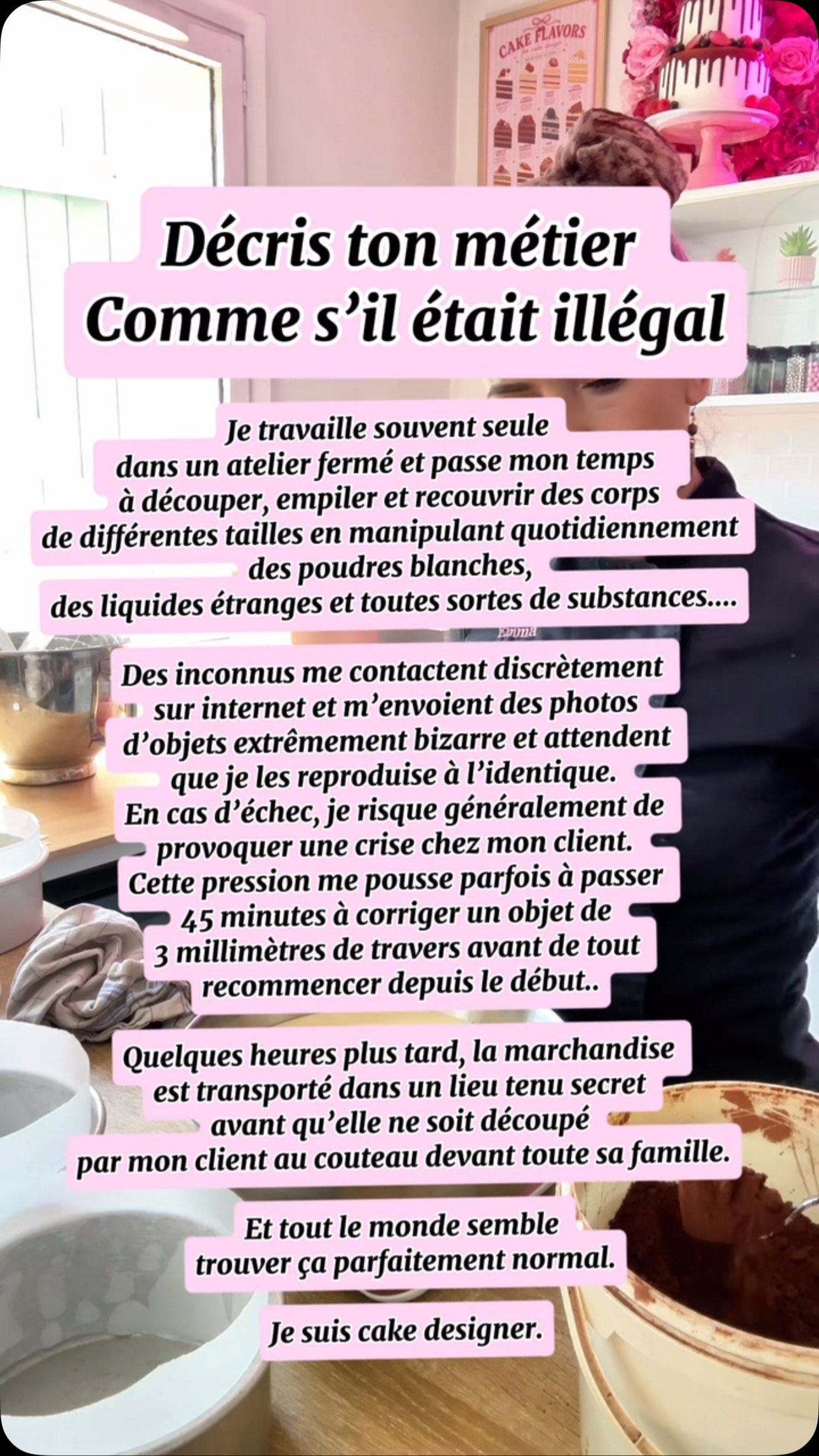 Je suis visiblement la personne la plus suspecte du quartier. 😅
Et toi, quel est ton métier décrit comme s’il était complètement illégal ? 👇🤣
#CakeDesignerFrance #CakeDesignAddict #EntrepreneureCreative #CoulissesDentreprise #HumourEntrepreneur