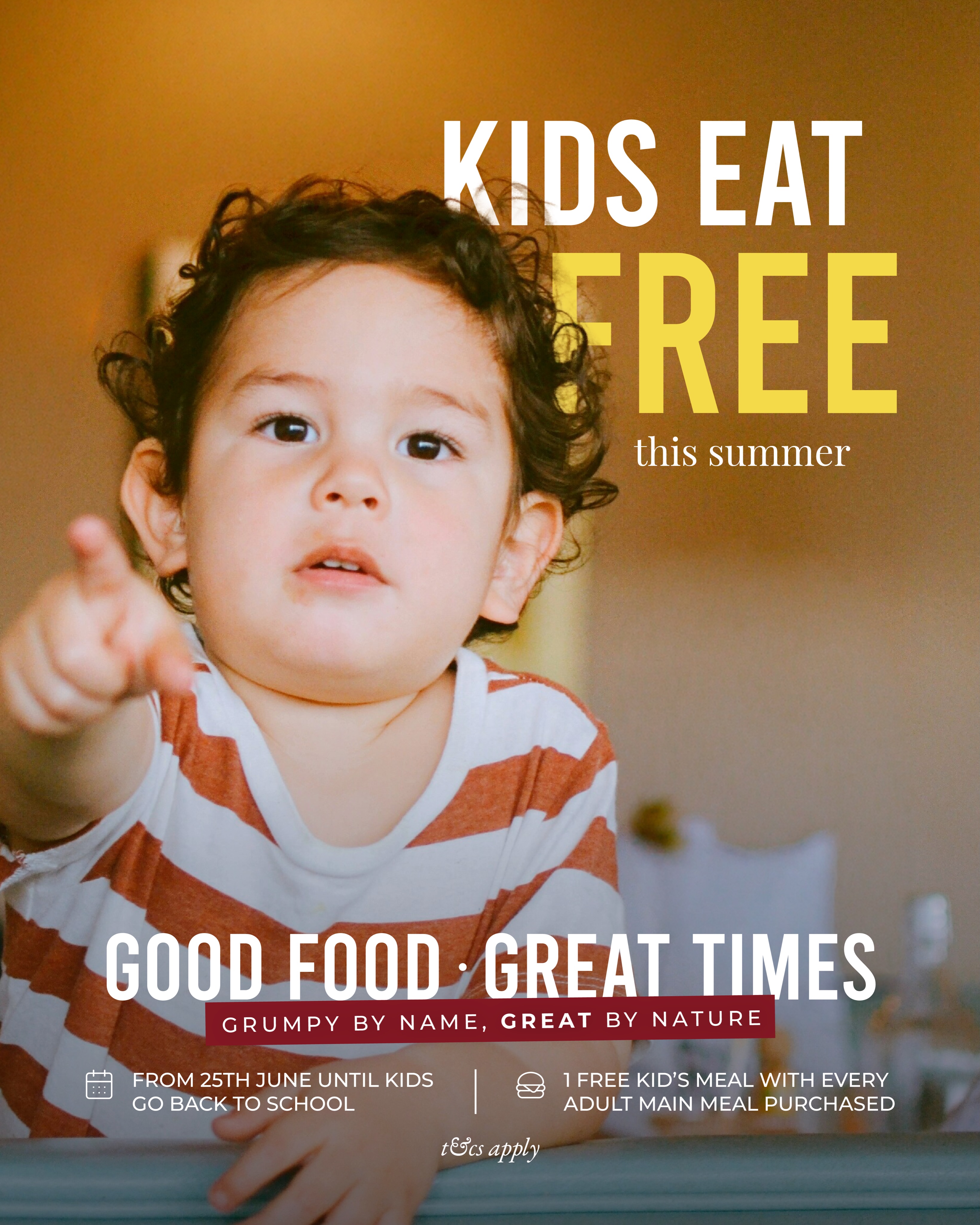 We have some exciting news… KIDS EAT FREE at all five Grumpy Mole pubs this summer 🎉
The government is reducing VAT on children’s meals, but we thought we could do even better than that. From 25th June until it’s time to head back to school, children can enjoy a FREE meal with every adult main meal purchased.
So whether you’re catching up with family, enjoying a midweek treat or making the most of the summer break, let us take care of dinner, drinks, and the dishes 🫧 Book your table and make family meals even better this summer.
T&cs apply * #thegrumpymole #kidseatfree #summerholidays #parenthack #surreypubs