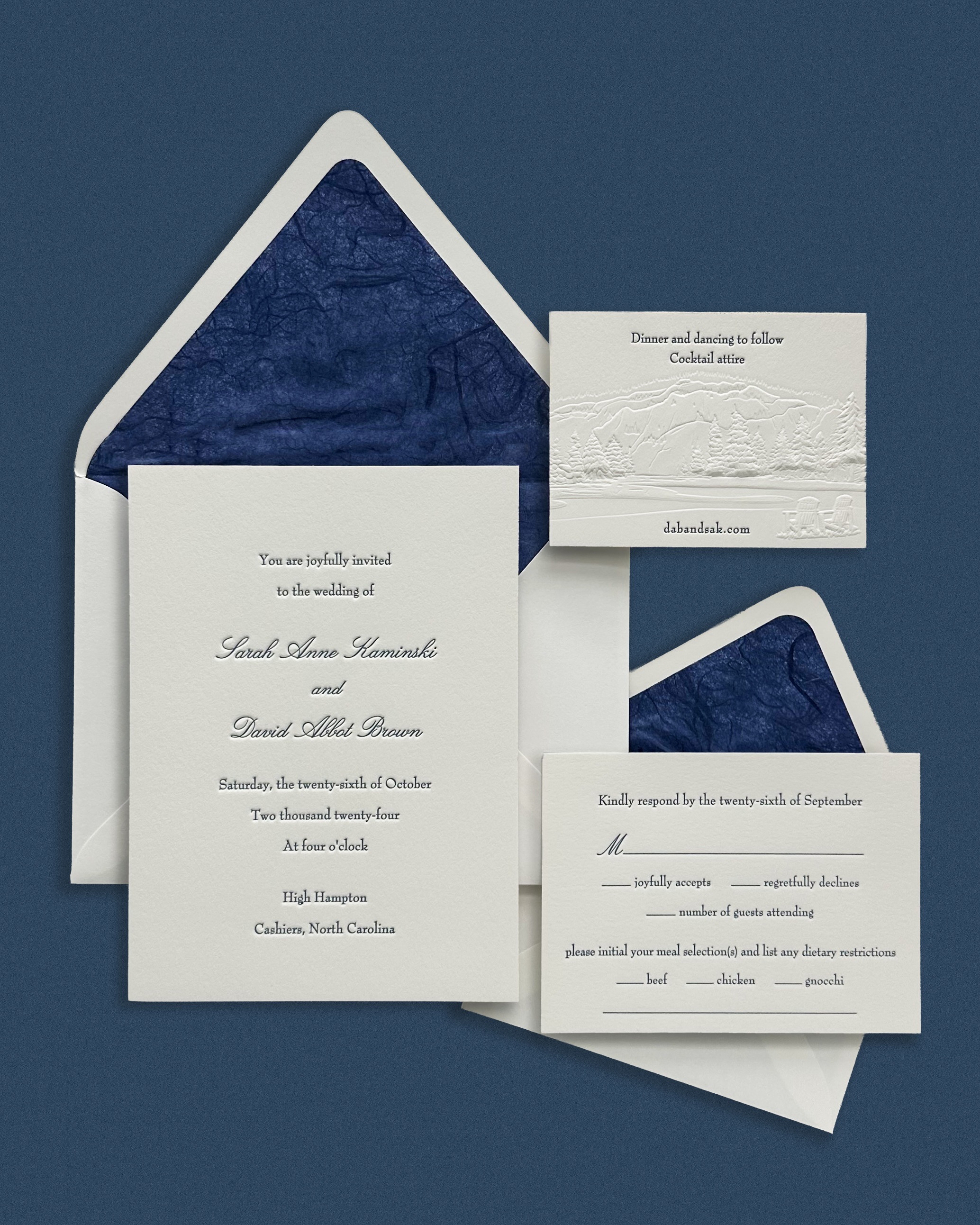ain’t no embossing high enough, ain’t no paper thick enough…
we brought the sculpt embossing from the save the date through to the details card for this invitation and used a beautiful textured tissue to line the envelopes