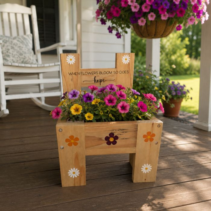 When flowers bloom, so does hope 🌸✨ Our handmade Farmhouse Chair Planter brings rustic, cottage-core charm to porches, patios, balconies, and garden beds. Made from reclaimed wood or maple with a Marine Spar finish — customizable stain & stencil options. Link in Bio #FarmhouseDecor #Planter #CottageCore #GardenStyle #Handmade #RusticVibes #MadeToOrder