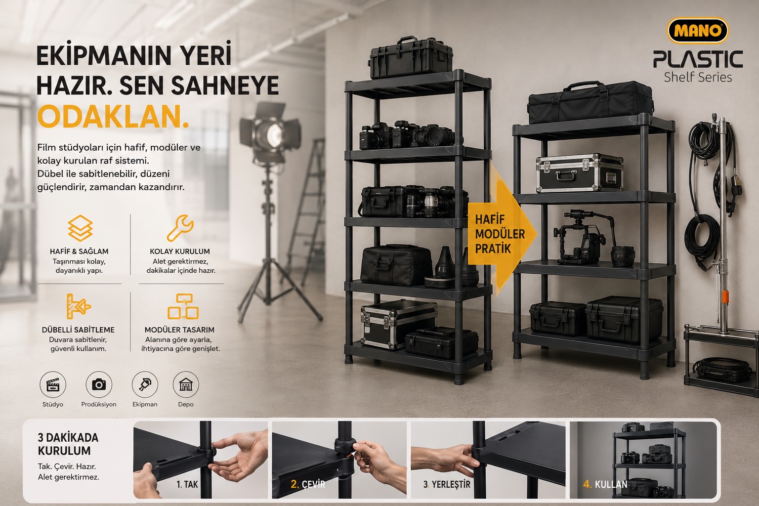 🎬 Ekipmanınız dağınık değil, çekime hazır olsun.
Film stüdyoları, prodüksiyon şirketleri ve ekipman kiralama firmaları için tasarlanan modüler raf sistemi; ağır demir ve MDF raflara ihtiyaç duymadan düzenli, güvenli ve profesyonel depolama sunar.
✅ Hafif ve dayanıklı yapı
✅ Dakikalar içinde aletsiz kurulum
✅ Duvara sabitlenebilir güvenli tasarım
✅ Kamera, lens, ışık ve aksesuarlar için ideal düzenleme
✅ Taşınabilir ve modüler sistem
Daha az karmaşa, daha hızlı kurulum, daha verimli setler.
#FilmStudio #Prodüksiyon #KameraEkipmanı #FilmEkipmanları #rentalhouse