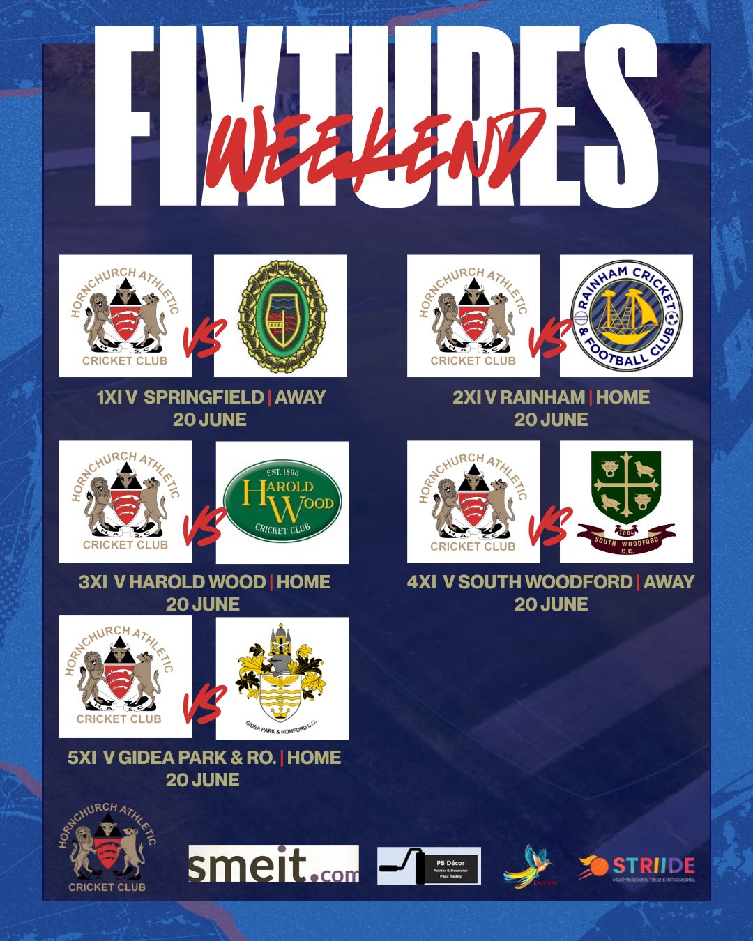 Saturday Fixtures π
1s @springfieldcricketclub
2s Vs @rainhamcricket
3s Vs @haroldwoodcc_
4s @ South Woodford
5s Vs @gprcc_