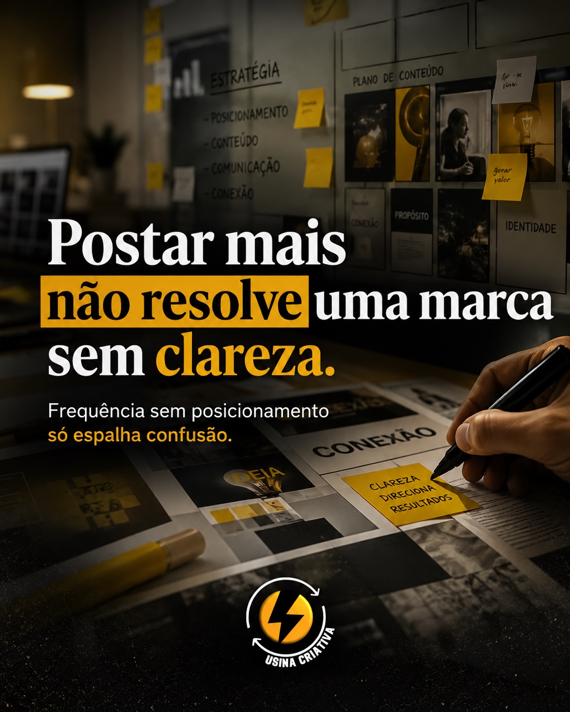 Tem empresa que acha que o problema do marketing é postar pouco.
Mas nem sempre é.
Às vezes, o problema é postar muito sem uma mensagem clara.
Sem posicionamento, sem direção, sem entender o que precisa ser percebido pelo cliente.
A frequência ajuda quando existe estratégia.
Mas quando a comunicação é confusa, postar mais só faz a marca parecer ainda mais genérica.
Antes de pensar em quantidade, pense em clareza.
O cliente precisa entender rapidamente:
quem é você, o que você entrega, por que isso importa e por que deveria escolher sua marca.
Na Usina, conteúdo não começa no calendário.
Começa na estratégia.
Usina Criativa
Estratégia, vídeo e tráfego para negócios que precisam vender valor, não preço.
Quer entender se sua comunicação está clara?
Fale com a Usina.