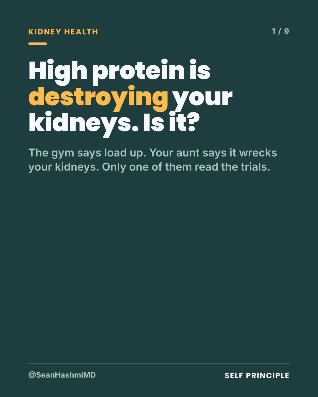 Does high protein damage your kidneys? Here is what the trials actually show. Pooling 28 trials in healthy adults, higher protein intake raised the short-term filtration rate but did not worsen kidney function (Devries, Journal of Nutrition 2018, 1,358 people). That temporary rise in filtration is the kidney working harder, not the kidney failing (Juraschek, Am J Kidney Dis 2013). The real caution is for one group: people with established chronic kidney disease, where moderate protein restriction near 0.8 grams per kilogram is part of guideline care (KDIGO 2024; MDRD, NEJM 1994).
I am a board-certified nephrologist. The myth that protein wrecks every kidney blends two different people into one rule. If your kidneys are healthy, protein is not the enemy. If you have known CKD, set your target with your clinician rather than guessing. Not sure which list you are on? Get your eGFR and urine albumin checked once. Save the cheat sheet on slide 7 and send this to the friend who fears protein.
Comment: what is your daily protein target, and has anyone told you to cut it?
Comment KIDNEY for the free kidney guide. Newsletter at selfprinciple.org.
Educational only, not medical advice.
References
1. Devries MC, Sithamparapillai A, Brimble KS, et al. Changes in Kidney Function Do Not Differ between Healthy Adults Consuming Higher- Compared with Lower- or Normal-Protein Diets: A Systematic Review and Meta-Analysis. The Journal of Nutrition. 2018;148(11):1760-1775. PMID 30383278.
2. Juraschek SP, Appel LJ, Anderson CAM, Miller ER. Effect of a high-protein diet on kidney function in healthy adults: results from the OmniHeart trial. American Journal of Kidney Diseases. 2013;61(4):547-554. PMID 23219108.
3. Kidney Disease: Improving Global Outcomes (KDIGO) CKD Work Group. KDIGO 2024 Clinical Practice Guideline for the Evaluation and Management of CKD. Kidney International. 2024. PMID 38490803.
4. Klahr S, Levey AS, Beck GJ, et al. The effects of dietary protein restriction and blood-pressure control on the progression of chronic renal disease (MDRD). New England Journal of Medicine. 1994. PMID 8114857.
#kidneyhealth #protein #nephrology #CKD #nutrition