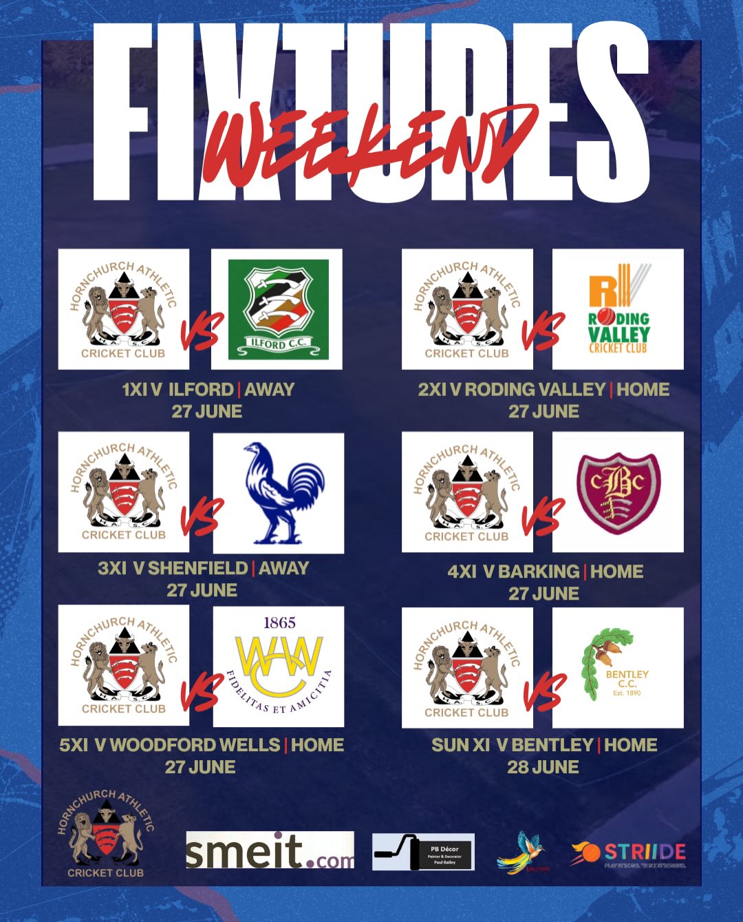 Weekend Teams ππ₯΅
1s @ilford_cricketclub
2s Vs @rodingvalleycc
3s @shenfield_cc
4s Vs @barkingcricket
5s Vs @woodfordwellscricketclub
Sun Vs @bentleycc_