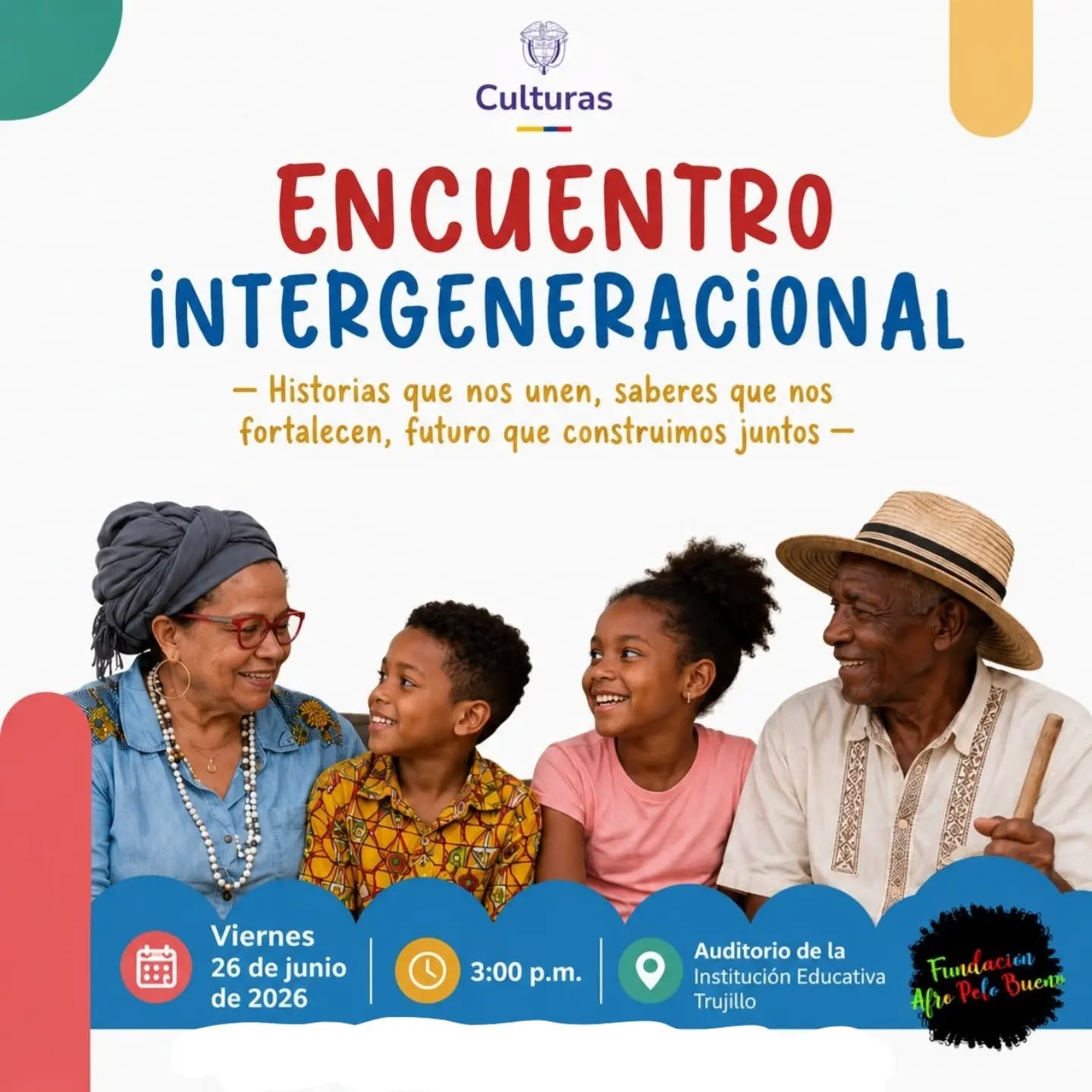 📚🌿 Las historias que construyen nuestro territorio merecen ser escuchadas y compartidas.
Te invitamos al Encuentro Intergeneracional, un espacio donde sabedores locales, líderes comunitarios, niños, niñas y jóvenes dialogarán alrededor de la memoria, la cultura, la lectura y los saberes que han dado identidad a Becerril.
📅 Viernes 26 de junio de 2026
🕒 3:00 p.m.
📍 Auditorio de la Institución Educativa Trujillo
⚠️ Cupos limitados.
Confirma tu asistencia a través de nuestro WhatsApp.
Actividad del II Festival Rural de la Lectura Infantil y Juvenil – Resiliencia Campesina, proyecto apoyado por el Ministerio de las Culturas, las Artes y los Saberes mediante el Programa Nacional de Concertación Cultural 2026.
¡Te esperamos para construir memoria entre generaciones! 📖✨
#ResilienciaCampesina #Becerril #LecturaRural #FundacionAfroPeloBueno #MinisterioDeLasCulturas