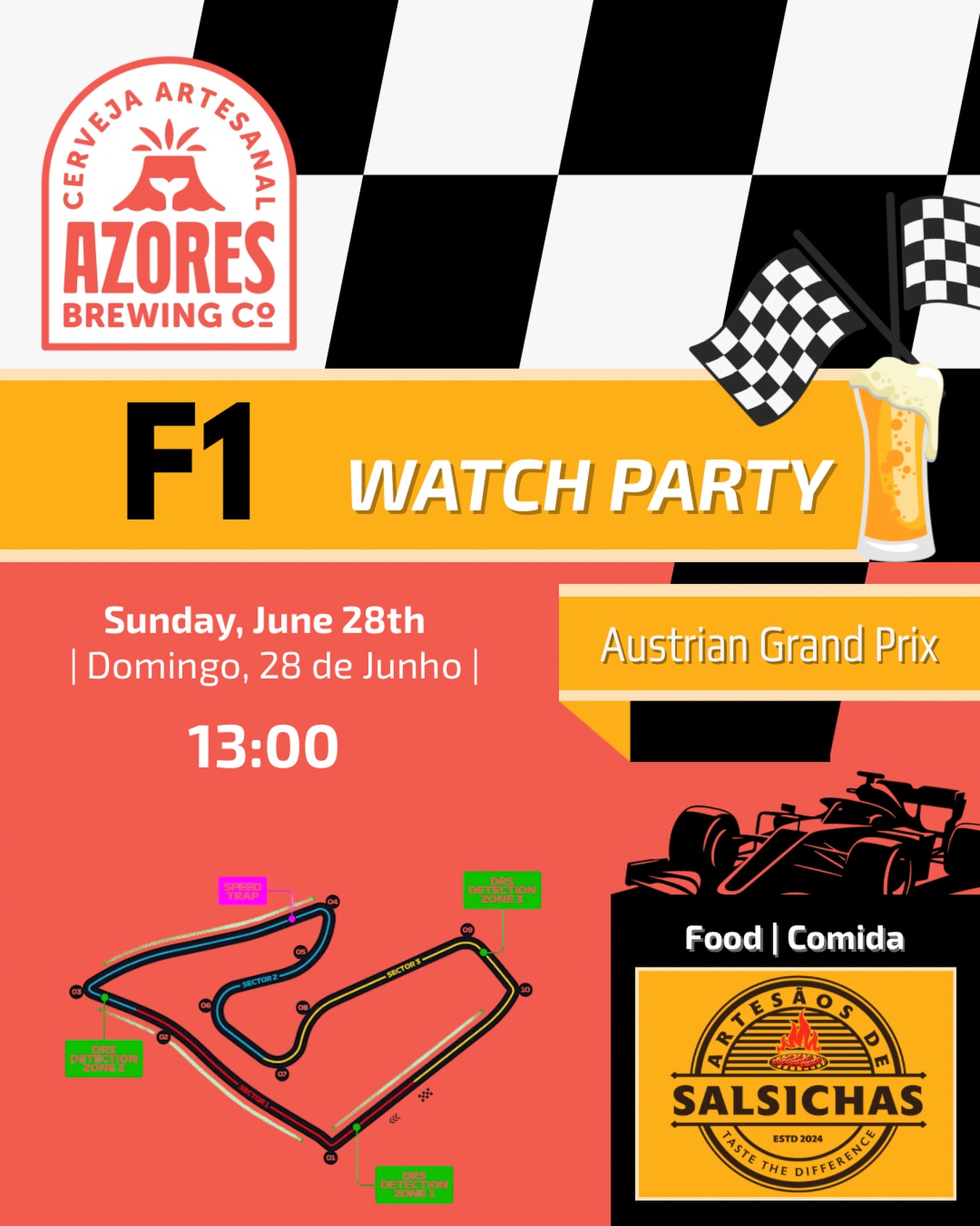 PT | Vem curtir a tarde de domingo com uma das melhores corridas do ano, o Red Bull Ring na Austria espera por ti. 13h com uma fresca na mão e comida do @artesaos_de_salsichas
EN Come enjoy Sunday afternoon with one of the best races of the year at the Red Bull Ring in Austria. From 1pm with a cold beer in had and food from @artesaos_de_salsichas