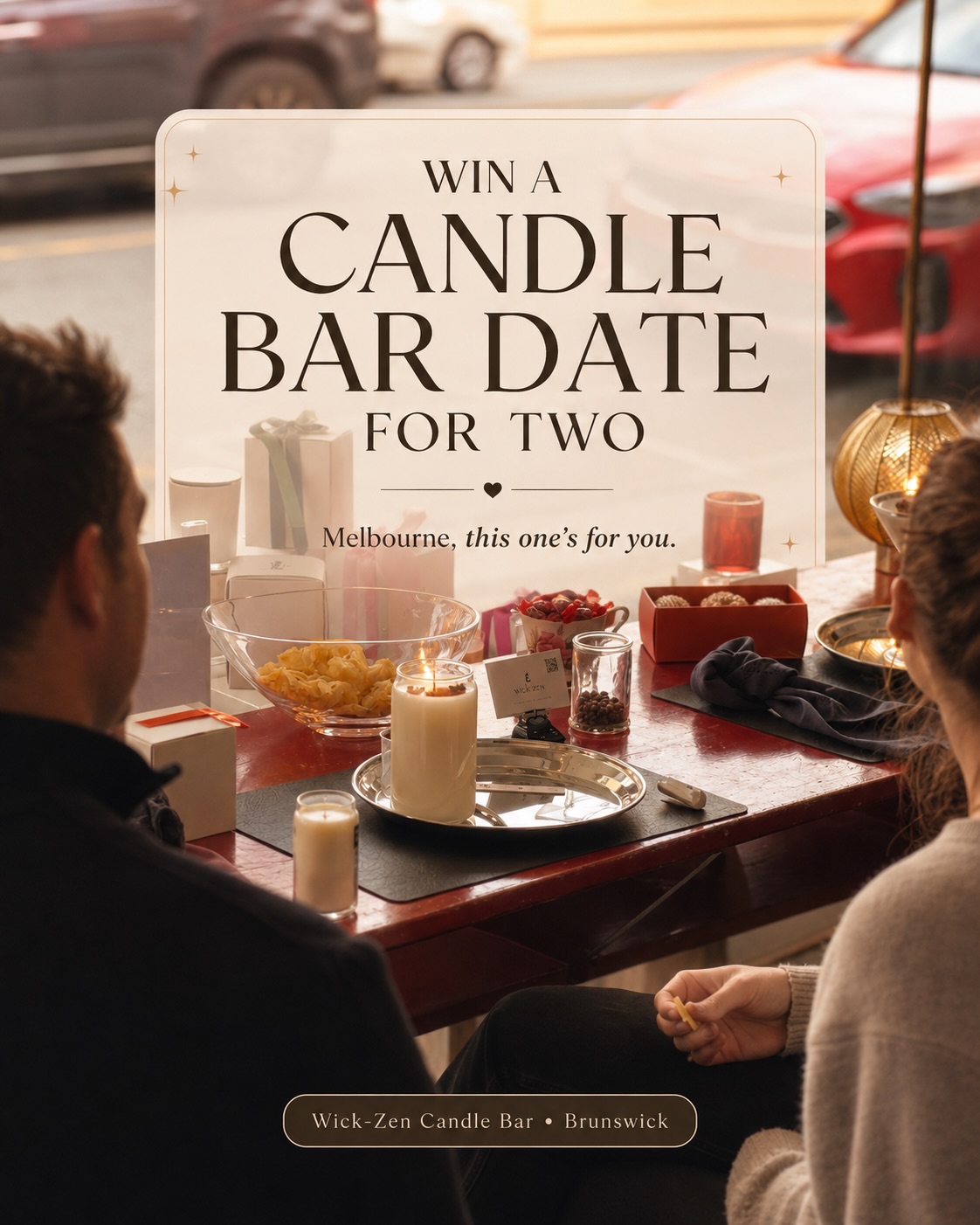 MELBOURNE IT’S COMPETITION TIME ✨
WIN A CANDLE BAR EXPERIENCE FOR TWO 🕯️🍸
Who will you bring to Candle Bar? 🕯️🍸
Win two free sessions this July and spend an afternoon choosing scents, pouring candles and catching up properly.
To enter:
Follow @wick.zen
Tag the person you’d bring
Tell us what you’d celebrate together
Bonus entry: share this post to your Story and tag us.
Entries close 1 JULY at 5PM. The winner will be drawn at random and contacted by @wick.zen.
Open to Melbourne residents aged 18+. Prize includes two Candle Bar sessions to be redeemed together during July 2026, subject to availability. Prize is not transferable or redeemable for cash.
This promotion is not sponsored, endorsed, administered by or associated with Instagram.
#wickzen #candlebar #thingstodoinmelbourne #candlemaking #brunswick