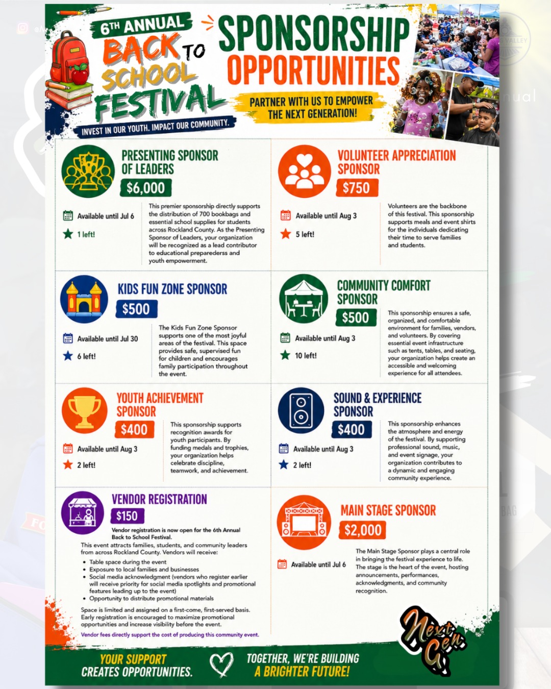 The 6th Annual Meet Next Gen Back to School Festival is more than an event—it's a community movement that equips students, empowers families, and prepares our youth for a successful school year.
We're inviting businesses, organizations, elected officials, and community leaders to partner with us and make a lasting impact in Rockland County.
Every sponsorship directly supports:
🎒 Book Bags & School Supplies
💈 Free Kids Haircuts & Braids
🏀 VOH Basketball Tournament
🎮 Good Game Lounge Video Game Station
🎉 Family Activities & Entertainment
🤝 Community Resources & Youth Programming
Together, we're building a stronger community and preparing the next generation for success.
📅 6th Annual Meet Next Gen Back to School Festival
August 22, 2026 | 11:00 AM – 4:00 PM
📍 Spring Valley Memorial Park
Spring Valley, NY 10977
📩 Become a sponsor or register as a vendor today and be part of the impact!
#MeetNextGen #BackToSchoolFestival #SpringValleyNY #RocklandCounty #kidsfestival