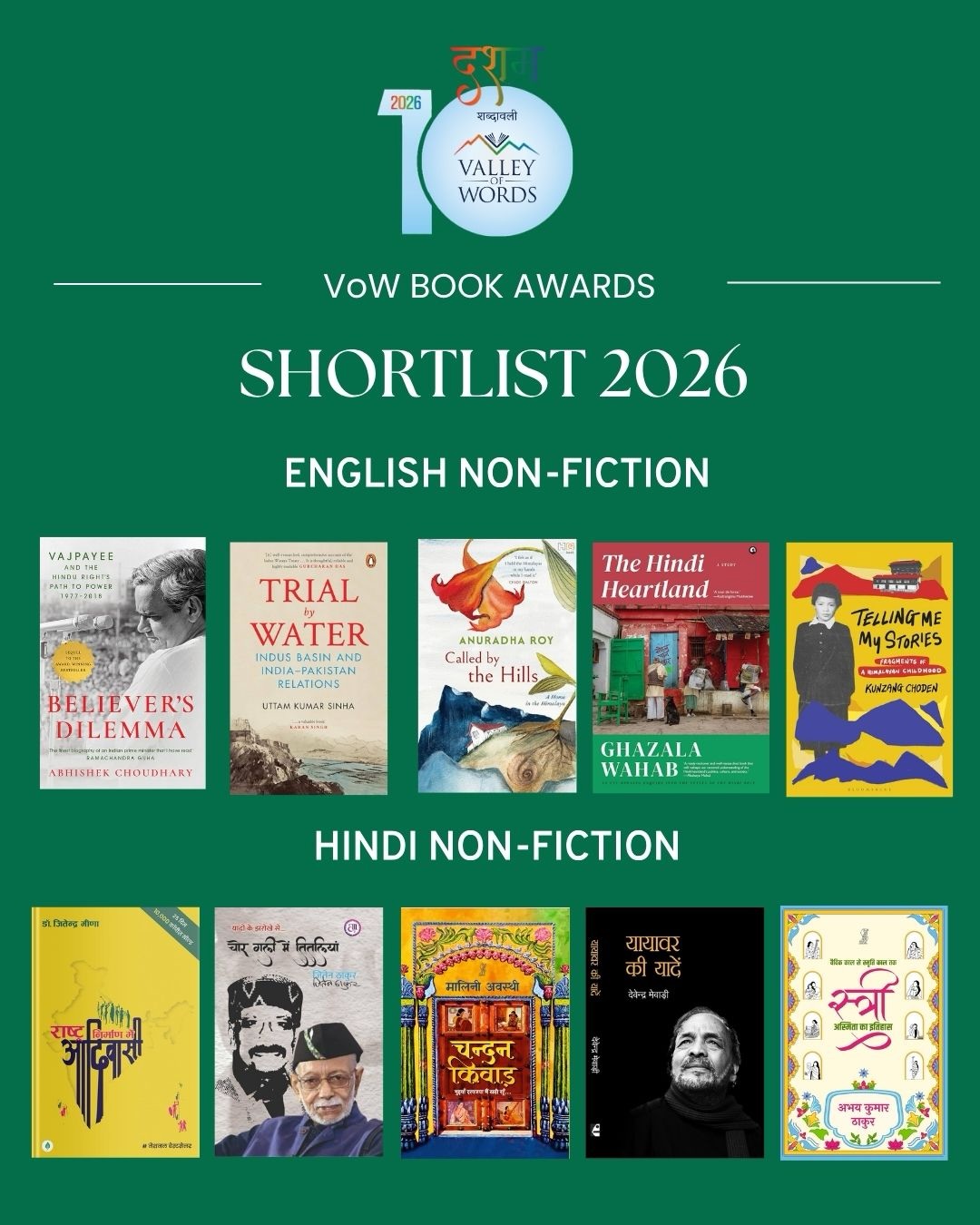 📚✨ Exploring the ideas, people, places, and histories that shape our world.
The REC-VoW Book Awards 2026 English and Hindi Non-Fiction Shortlists bring together works that challenge perspectives, preserve histories, celebrate lived experiences, and deepen our understanding of society. From questions of nation-building and identity to memory, culture, and social change, these shortlisted books reflect the power of non-fiction to inform, inspire, and ignite meaningful conversations.
📖 English Non-Fiction Shortlist
📗 Believer’s Dilemma - Abhishek Choudhary (@panmacmillanindia )
📗 Trial by Water - Uttam Kumar Sinha (@penguinindia )
📗 Called by the Hills - Anuradha Roy (@hachette_india )
📗 The Hindi Heartland - Ghazala Wahab (@alephbookco )
📗 Telling Me My Stories - Kunzag Choden (@bloomsburyindia )
📖 हिंदी नॉन-फिक्शन चयन सूची
📘 राष्ट्र निर्माण में आदिवासी - डॉ. जितेंद्र मीणा ( Yuvan Books)
📘 चोर गली में तितलियां - जितेन ठाकुर (@advikpublication )
📘 चन्दन किवाड़ - मालिनी अवस्थी (@vaniprakashanbooks )
📘 यायावर की यादें - देवेन्द्र मेवाड़ी (Sambhavna )
📘 स्त्री अस्मिता का इतिहास - अभय कुमार ठाकुर (@vaniprakashanbooks / Bharitya Jnanpith)
Congratulations to all the shortlisted authors and publishers! 🌟
#VoWBookAwards2026 #VoWShortlist2026 #NonFiction #IndianNonFiction #HindiNonFiction ValleyOfWords BooksThatMatter IndiaReads