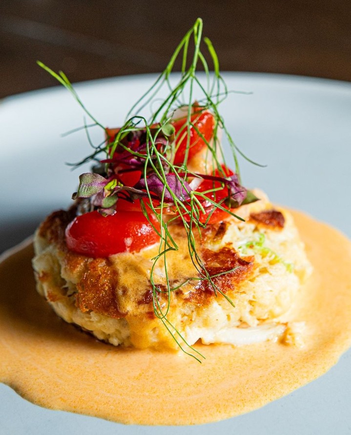 Blue Lump Crab Cake with heirloom tomato relish, fennel and chickpea emulsion. And yes...it’s gluten-free. 😉