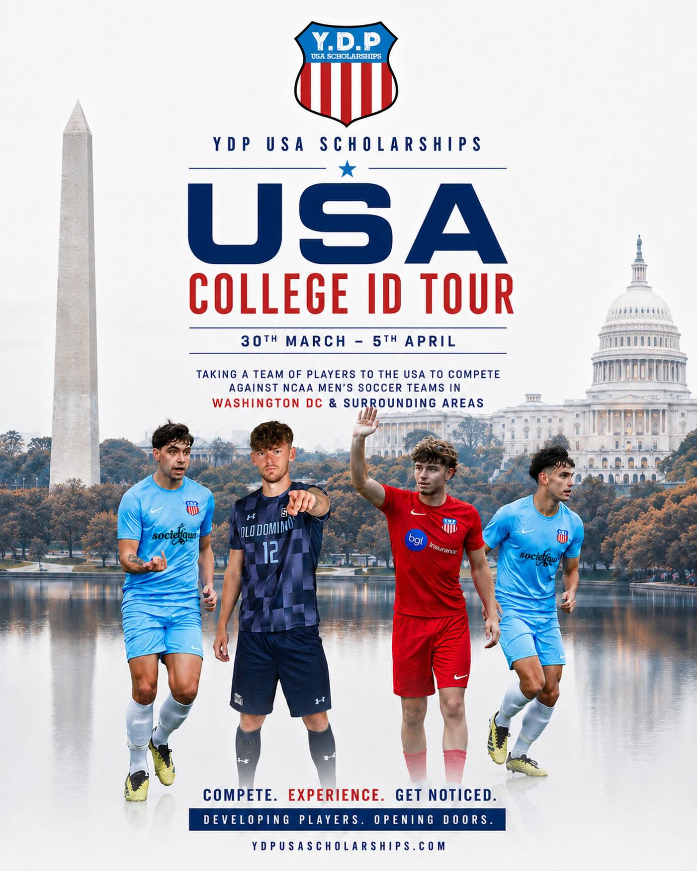 YDP USA College ID Tour 2027
In March 2027, we’ll be taking a select group of male players to the USA to compete against NCAA college soccer programs on their home turf.
This unique experience provides players with first-hand exposure to college coaches and is designed for those targeting a Fall 2027 or Fall 2028 USA soccer scholarship.
We are selecting just 16 players for this exclusive squad, and applications are now open.
📅 Interested in finding out more?
Join our online seminar on Wednesday 8th July to learn everything about the tour, the recruitment process, and how it can help you secure a USA scholarship.
📧 Email josh@ydpusascholarships.com or send us a DM to reserve your place and receive the seminar link.