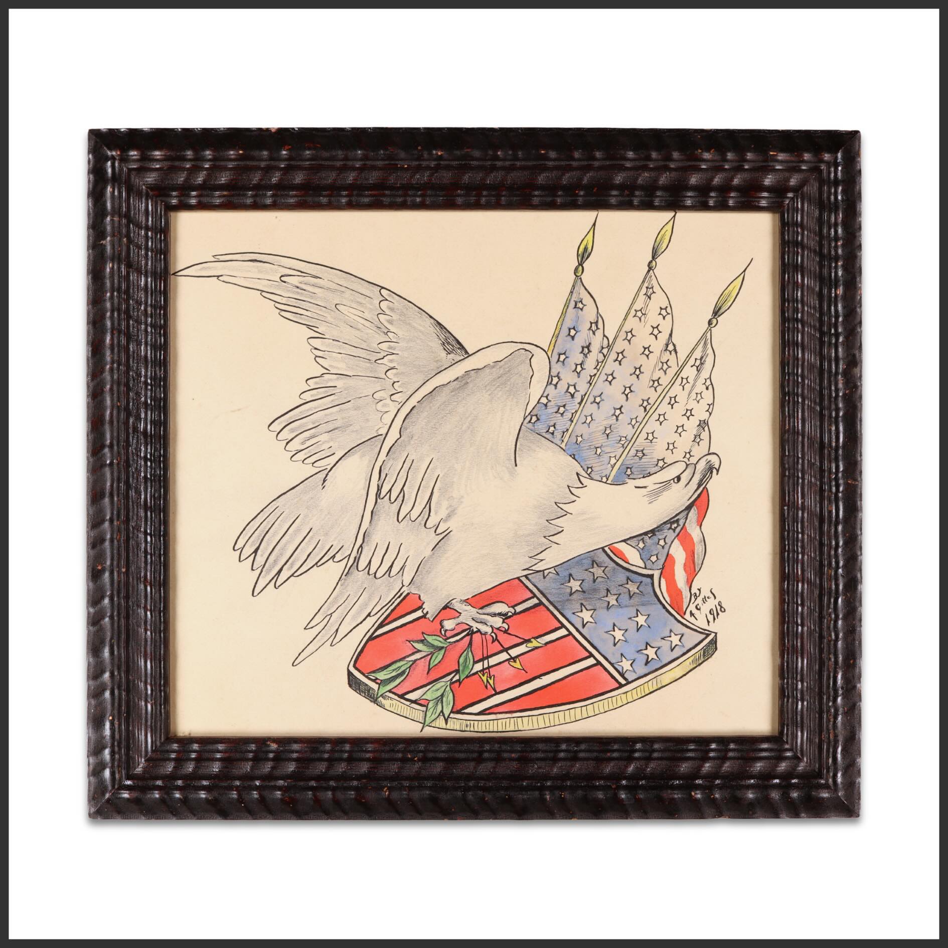 Now featured in Independence Unfolded: America at 250, available through July 17.
A hand-drawn patriotic composition depicting a spread-winged American eagle poised above a shield bearing the Stars and Stripes, accompanied by three standards decorated with star motifs. Executed in ink with watercolor highlights and signed and dated “F. J. Targons, 1918,” the drawing reflects the bold graphic language associated with American wartime imagery during the First World War.
The eagle, long established as the principal emblem of the United States, appears here in a protective stance above the national shield, a visual arrangement frequently employed in patriotic posters, illustrations, and decorative arts of the period. Created during the final year of the war, the composition embodies the spirit of national unity and resolve that characterized American visual culture in 1918.
View the complete catalog via the link in our bio.
#Gallery76Americana #AmericanEagle #WorldWarI #Americana #America250