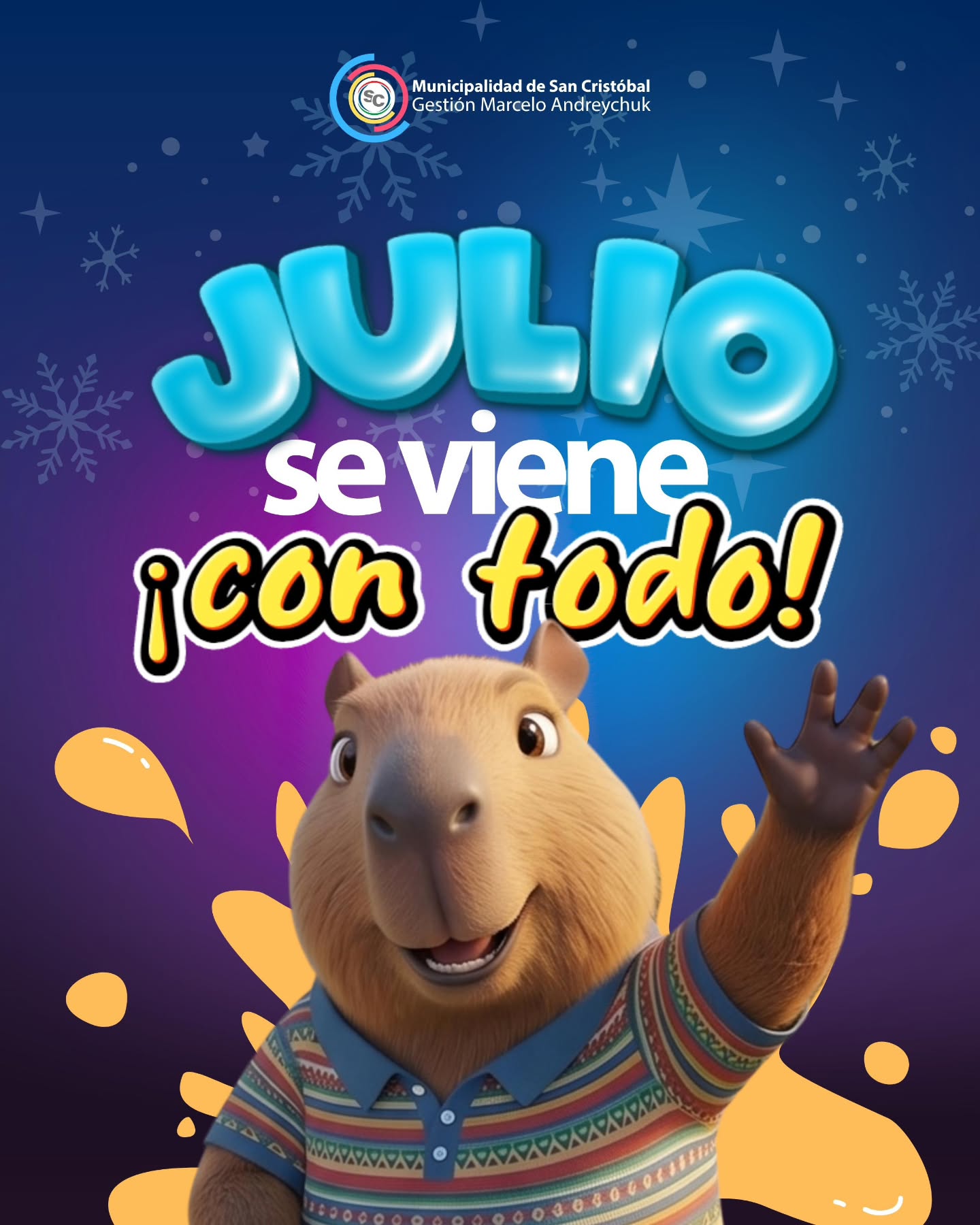 JULIO SE VIENE CON TODO 🧉☀️♥️❄️
Las vacaciones de invierno llegan con una agenda llena de propuestas para disfrutar en familia y con amigos.
Experiencia inmersiva 360°, batallas de freestyle, bike & barrileteada, chocolatada literaria, juegos para niños y adultos mayores, peñas, danza, los festejos por el Día del Amigo y la celebración de nuestro Santo Patrono serán parte de un mes pensado para compartir, aprender y divertirse.
📲 ¡Estate atento a nuestras redes! Muy pronto iremos compartiendo fechas, horarios, lugares y toda la información para que no te pierdas ninguna de las actividades.
¡Viví las vacaciones en San Cristóbal, disfrutemos todos juntos!
