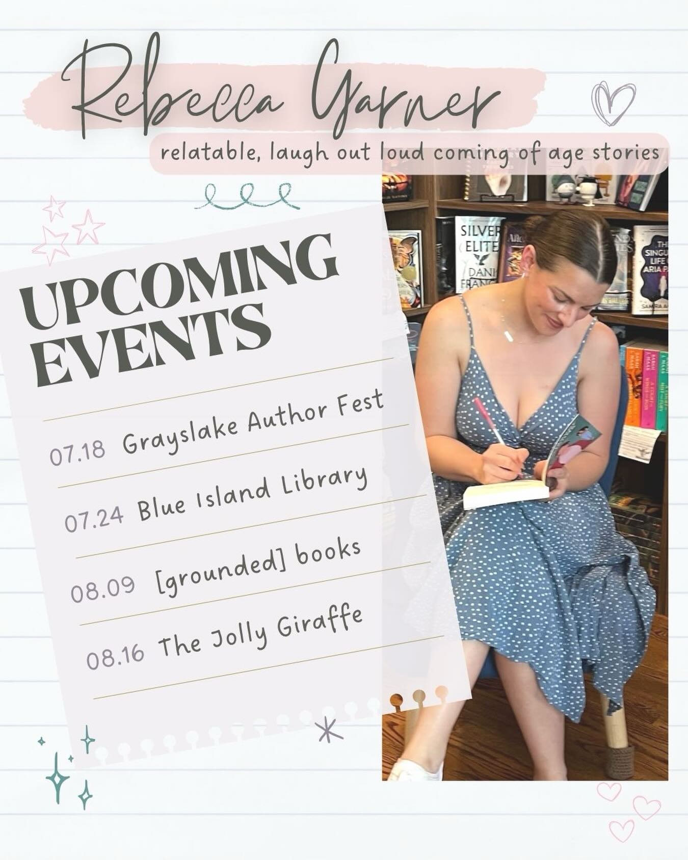 Do you love YA books? Is your tween or teenage daughter looking for her next favorite read? Come see me!
Iām about to be OOO for a few days, but once I get back, we have a full lineup of events for the rest of the summer.
š First up is @grayslake_authorfest on 7/18
š Then Iāll be at the @blueislandpubliclibrary on 7/24 for their Flowstate Fair (canāt wait for this!)
š @thegroundedbooks is hosting me on 8/9āmy first time visiting them!
š¦Iāll be at one of my favorite bookstores @jollygiraffebooks on 8/16
Will I see you at any of these stops?
#grayslake #blueisland #frankfortillinois #yareaders #momsofteenagers