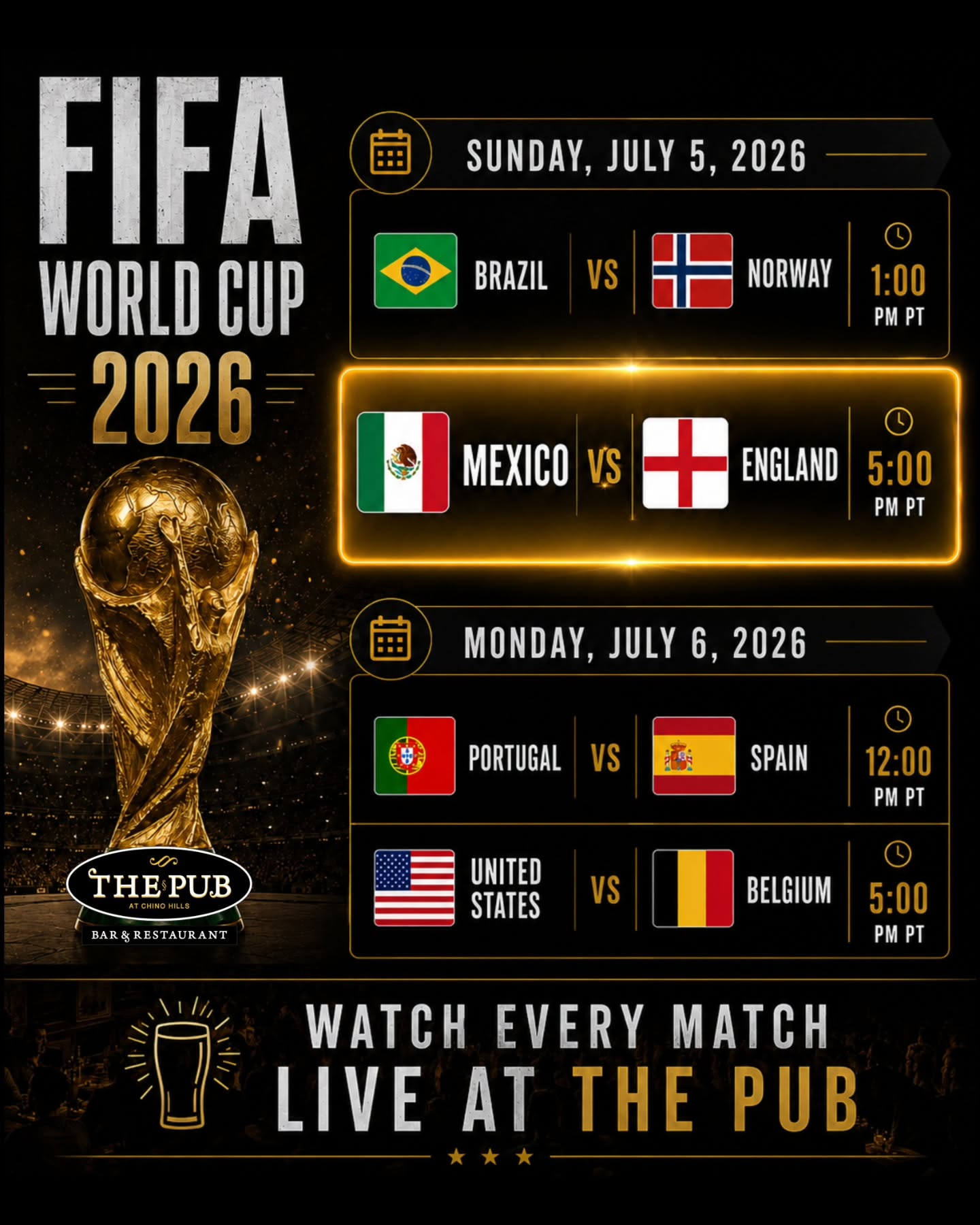 ā½ The road to the World Cup quarterfinals starts here! Grab your crew, order your favorite food and drinks, and catch every match live on our big screens.
š²š½ Mexico is back in action this Sunday against England at 5:00 PM PT. We'll see you for kickoff!
#thepubchinohills #fifaworldcup2026 #gamedayatthepub #watchparty #craftbeer