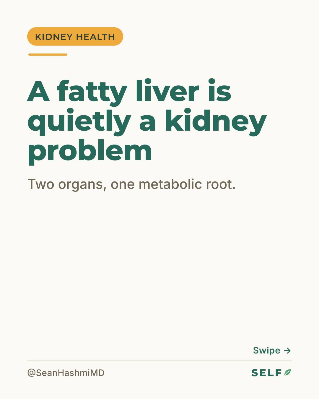 A fatty liver is quietly a kidney story too. In a 2026 meta-analysis in Liver International covering 36 studies and more than 575,000 people, about 15 percent of those with metabolic fatty liver disease also had chronic kidney disease, and when both were present, deaths from any cause more than doubled compared with fatty liver alone. The reason is a shared metabolic root: high blood pressure, high blood sugar, and abnormal cholesterol strain the liver and the kidney at the same time. The kidney often signals first, through a little protein in the urine on the albumin-to-creatinine ratio, which predicts risk even when the filtration number still looks normal. If you have ever been told you have a fatty liver, the move is simple: ask for your kidney numbers. Save the lab list. Send this to someone who has heard the words fatty liver. Tell me in the comments whether anyone checked your kidneys too.
Comment KIDNEY for the free kidney-protection guide. Free weekly breakdowns at selfprinciple.org.
References: Kueh MTW, et al. Liver International 2026; PMID 42347761. van der Velde M, et al. Kidney International 2011; PMID 21307840. Alberti KGMM, et al. Circulation 2009; PMID 19805654.
#fattyliver #kidneyhealth #metabolichealth #masld #preventivehealth