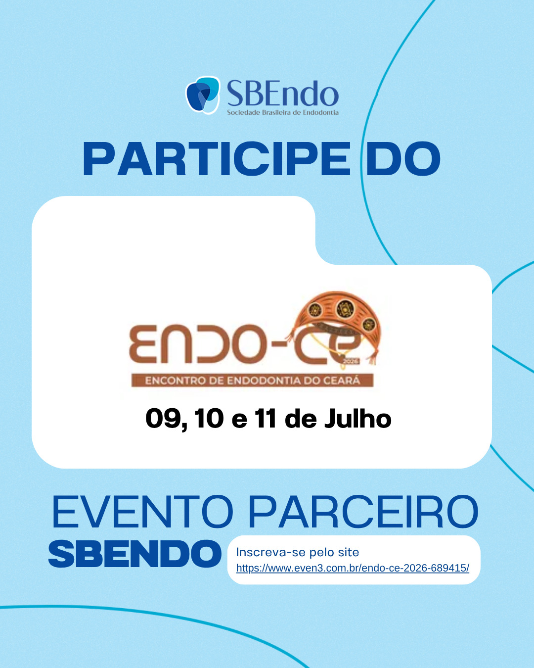 A SBEndo tem o orgulho de apoiar mais um grande evento da endodontia brasileira: o Encontro de Endodontia do Ceará (ENDO-CE).
Nos dias 09, 10 e 11 de julho, Fortaleza/CE será o ponto de encontro de profissionais que buscam o que há de mais atual em avanços, tecnologia e ciência na área endodôntica.
Palestrantes confirmados:
Alexandre Villela, Sérgio Menezes, Danna Moreira, José Siqueira Jr., Rodrigo Vivan, Warley Tavares, Milena Perraro, Henrique Bassi e Marcos Rios.
Uma programação de alto nível para atualização clínica, troca de experiências e networking com referências da especialidade.
Não fique de fora dessa oportunidade de ampliar conhecimentos e fortalecer conexões.
Acompanhe tudo pelo perfil oficial: @equipe_endoce
#SBEndo #Endodontia #ENDOCE2026 #Fortaleza #Odontologia #AtualizaçãoProfissional #CiênciaOdontológica #EventoOdontológico