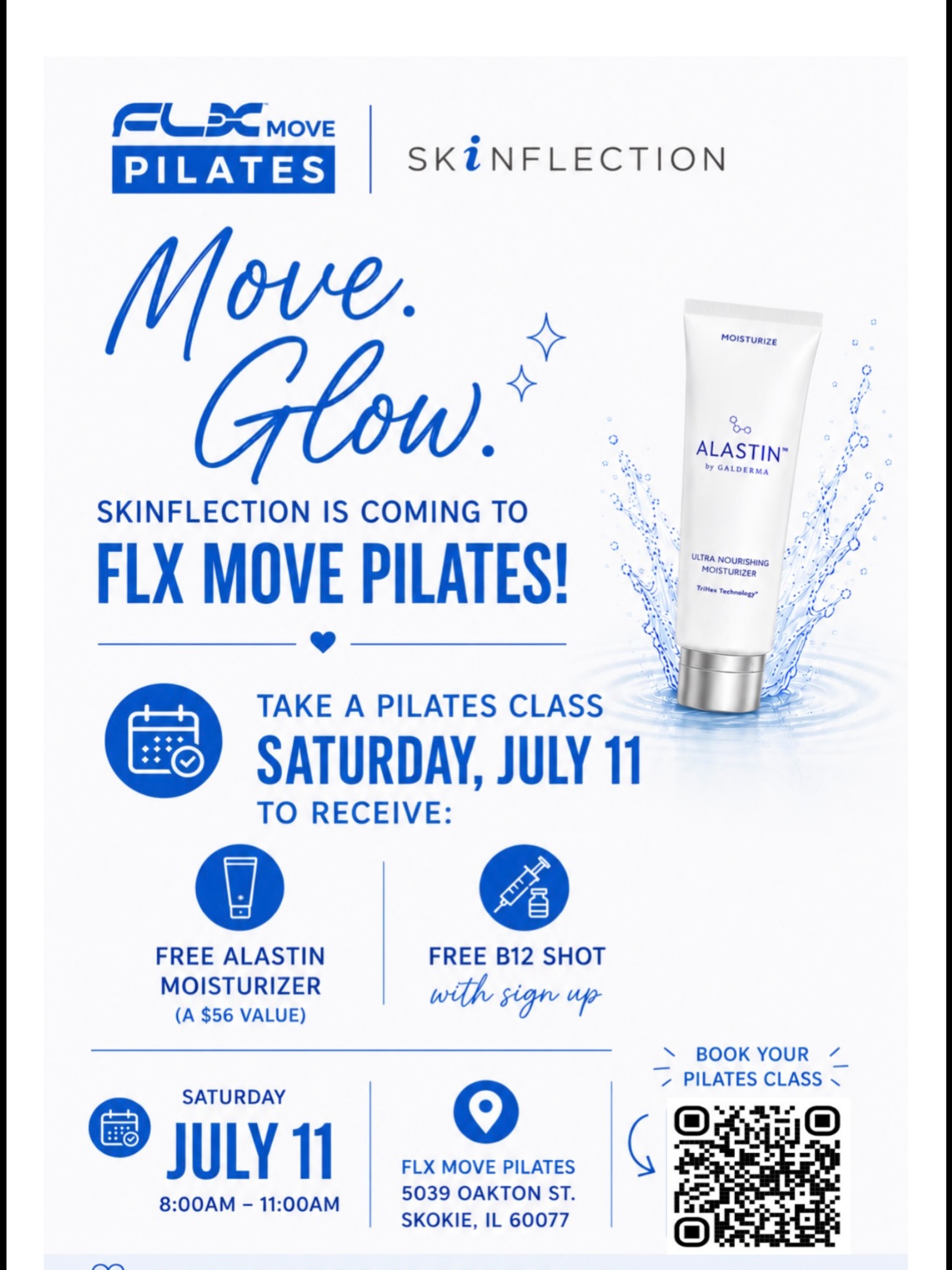 Move. Glow. Repeat. ✨
We’re excited to welcome Skinflection to FLX Move Pilates for a special wellness morning you won’t want to miss!
Join us on Saturday, July 11 and take any Pilates class between 8:00 AM-11:00 AM to receive:
• FREE Alastin Ultra Nourishing Moisturizer ($56 value)
• FREE B12 Shot with Skinflection sign-up
It’s the perfect opportunity to move your body, treat your skin, and invest in your wellness all in one place.
📍 FLX Move Pilates
5039 Oakton St.
Skokie, IL 60077
Reserve your class today through the link in our bio or scan the QR code on the flyer. Supplies are limited, so don’t wait!
#FLXMovePilates #Skinflection #Pilates #SkokieIL
