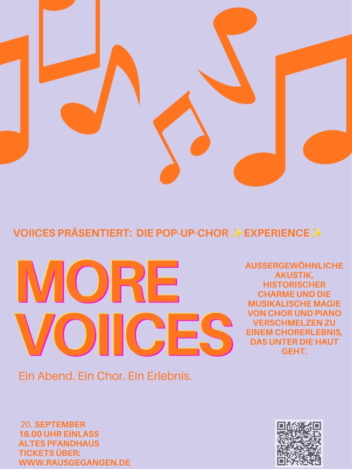 MORE VOIICES – Pop-up-Chor Experience ✨
Ein Abend. Ein Chor. Ein Erlebnis.
Historischer Charme, außergewöhnliche Akustik und die musikalische Magie von Chor und Piano verschmelzen zu einem Chorerlebnis, das unter die Haut geht.
MORE VOIICES – nicht einfach ein Chorkonzert.
Eine Pop-up-Chor Experience.