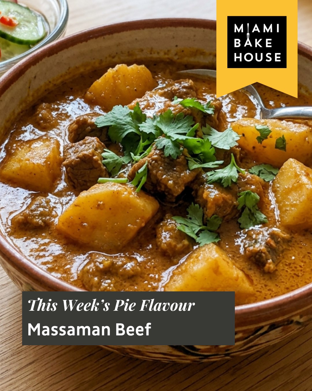 This week's pie of the week is inspired by Massaman curry, a southern Thai classic celebrated for its slow-cooked depth and gentle warming spice.
Our Massaman Beef Pie is rich, comforting and bursting with flavour! Made with slow-cooked tender diced beef in a rich Massaman paste and creamy coconut, simmered to perfection with tamarind puree and a hint of brown sugar. Big, hearty chunks of potato absorb the rich curry flavours, adding satisfying texture to every bite, paired with thinly sliced radish, cucumber and fresh chilli in a sweet and tangy vinegar dressing. Finished with a sprinkle of fresh coriander and delicately wrapped in our signature flaky puff pastry.
Hurry down to your local Miami Bakehouse before Monday the 13th of July to get your hands on the Massaman Beef Pie today.
https://www.miamibakehouse.com.au/pies
#Pieoftheweek #Miamibakehouse #Awardwinningbakery #Awardwinningpies #Bakingthingsbetter #Handmadepastry #Massamanbeefpie