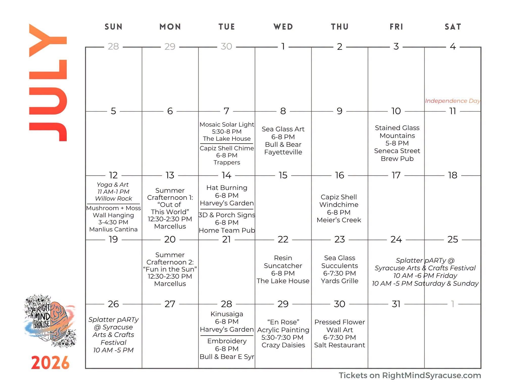 Here we go - July! A few days late but I explained in Saturday’s post! 🏕️
Another month jam-packed with summertime creativity! Come cool off and craft with us! 🎉☀️😎
Check out the lineup below and grab your tickets on RightMindSyracuse.com (link in bio).
We can’t wait to flex that right side of the brain with you! 🧡
- Claire & The Right Mind Syracuse Crew
✨SPECIAL EVENTS✨
🧘♀️🎨 SUN 6/7 | 11 AM - 1 PM | @willowrockbrew Cicero | Flow: Yoga & Art w/ @jen_ash_wellness & Eliza (@livin_la_vida_bruja)
🎨☀️ Kids Summer Crafternoons | 12:30-2:30 PM Monday July 13 and 20 | Marcellus
🎨 Splatter pARTy @ Syracuse Arts & Crafts Festival | 10 AM-6 PM Fri 7/24 and 10 AM-5 PM Sat 7/25 & Sun 7/26 | @downtownsyracuse
Our awesome artists (in no particular order):
Linds
Jade
Eliza (@livin_la_vida_bruja)
Mary (@sugarmoonartistry)
Cait (@wildvioletmade)
Ashe (@forgedfromashestudios))
Erin (@sadowskistitches)
And me (Claire) 🥰
Our also awesome venues (in no particular order either):
@yardsgrille
@bnbroadhouse East Syracuse & Fayetteville
@willowrockbrew Cicero
@thelakehouseatsb
@harveysgardensyr
@crazydaisiesflowers
@meierscreekbrewing Caz
@senecastbrewpub
@trapperspizzapub
@hometeampub315
@manlius_cantina
@salt.restaurant.syracuse inside @collegian.syracuse.hotel
#rightmindsyracuse #syracuse #craftworkshopsyr