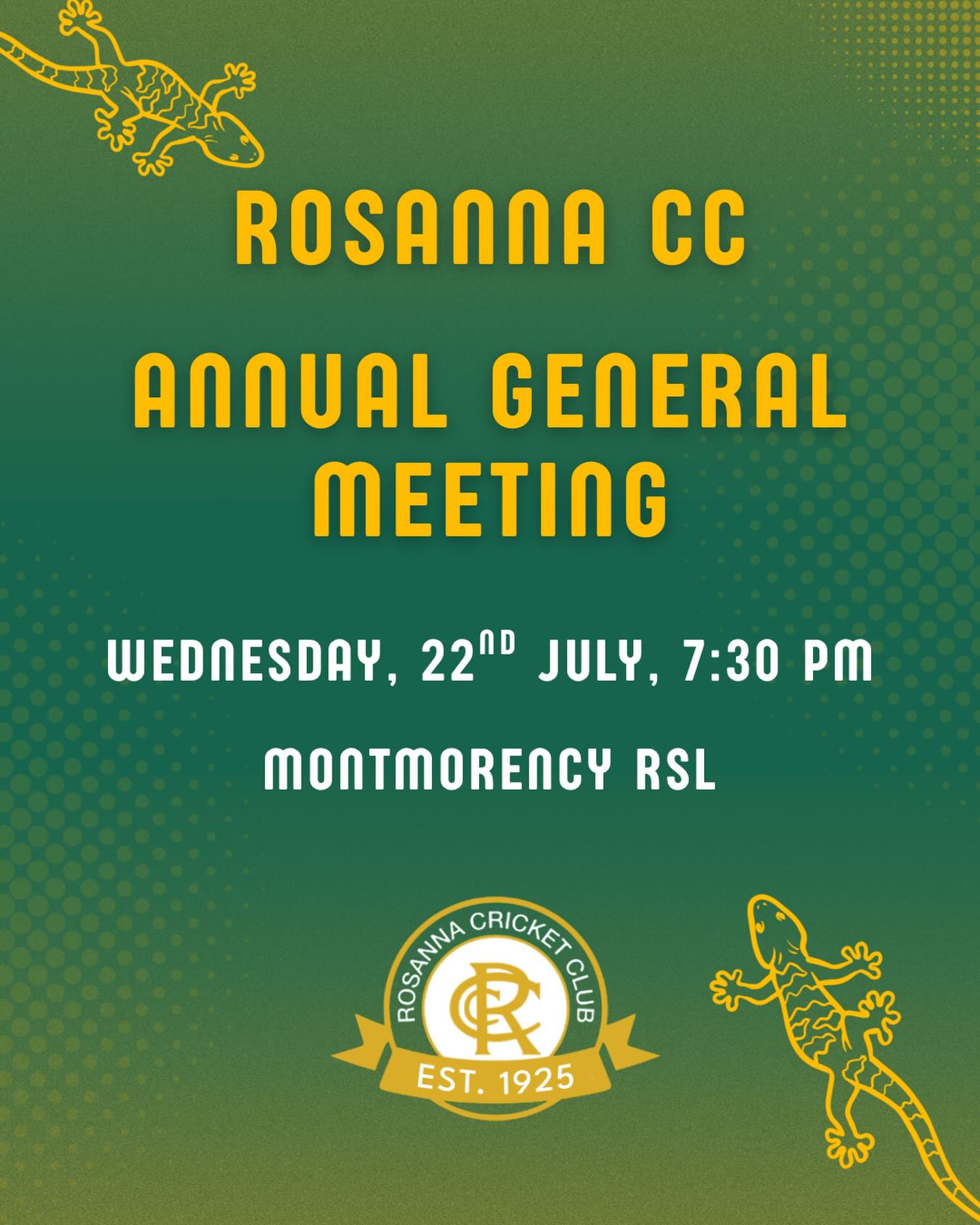 The 2026 Rosanna Cricket Club AGM will be held at the Montmorency RSL on Wednesday, 22nd of July at 7:30pm.
Great opportunity to reconnect before the new season starts, grab a feed and listen to our annual wrap up of a successful season!
Looking forward to seeing you all there. π¦