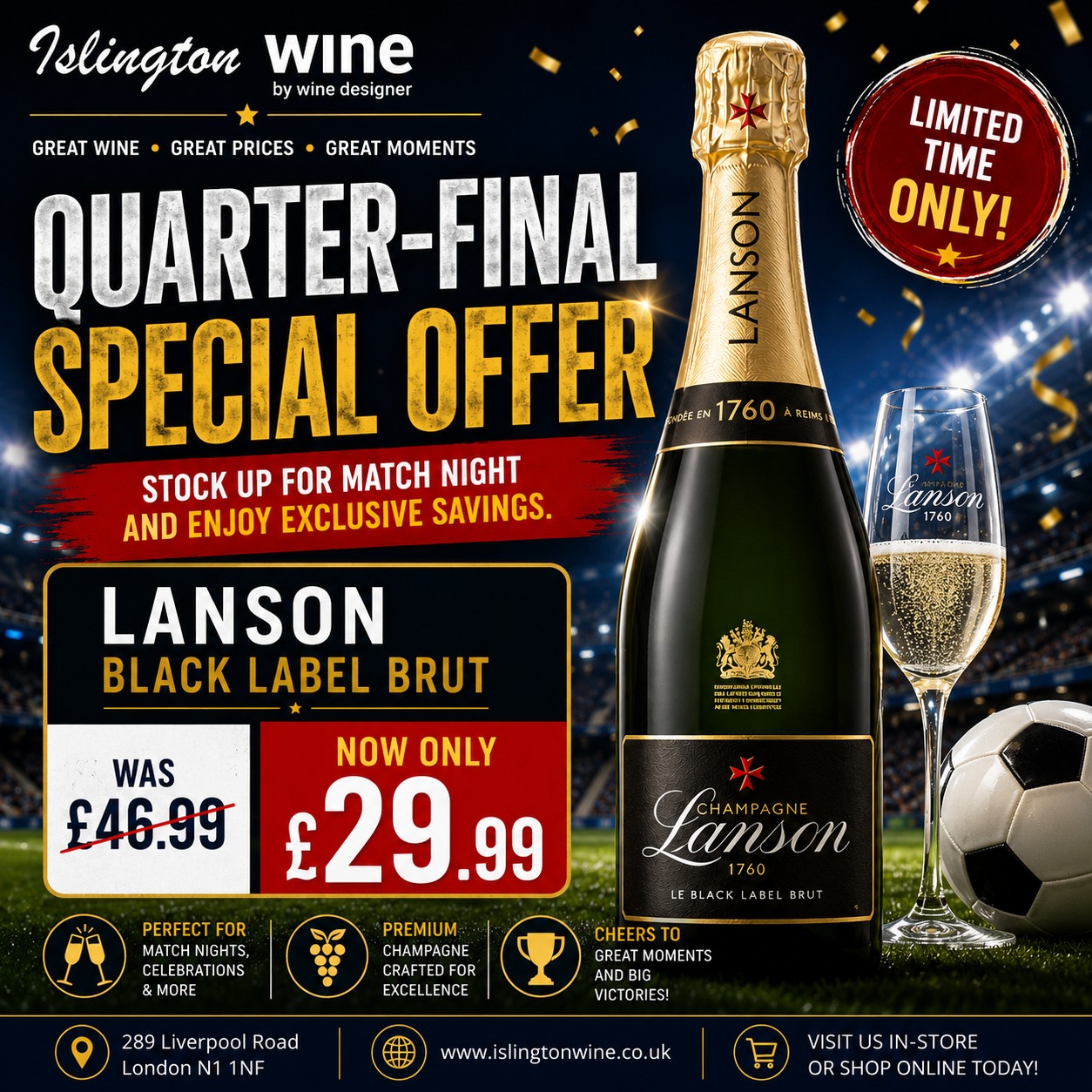 Celebrate the Quarter-Finals with Lanson Black Label Brut, a timeless Champagne renowned for its crisp freshness, elegant bubbles and refined character. Whether you're watching the match with friends or marking a special occasion, this premium Champagne is the perfect choice to elevate every celebration. Raise a glass to unforgettable moments and enjoy one of France's finest Champagnes with every sip.
#Lanson #Champagne #islingtonwine