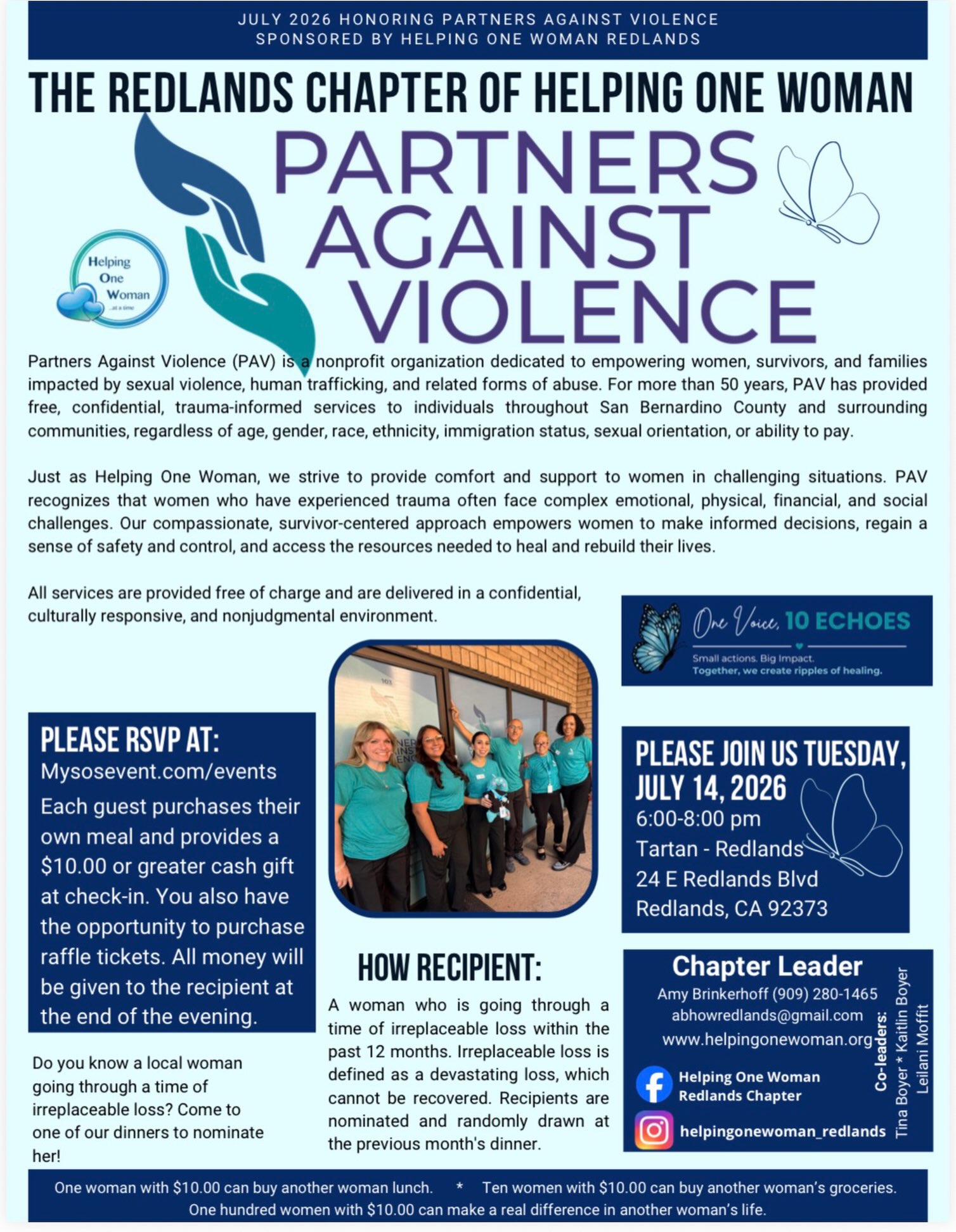 We invite you to spend an enjoyable evening with friends, family, and community members as we come together for a Night Out to Honor and Support Partners Against Violence sponsored by Helping One Woman- Redlands Chapter.
Your presence helps make a meaningful difference, and all monies collected that evening will directly benefit Partners Against Violence and the services we provide to survivors and our community.
Event Details
Tuesday, July 14th, 2026 from 6pm- 8pm at Tartan of Redlands, 24 E Redlands Blvd, Redlands CA 92373.
RSVP: Please reserve your spot through our RSVP site to help us provide the restaurant with an accurate guest count. https://mysosevent.com/events/PAV
Entrance Gift Contribution: A minimum gift of $10 will be collected upon entrance to the dinner. (Cash Preferred)
Gifts: Additional gifts are always appreciated and will help further support the mission of Partners Against Violence.
Raffles: You also have the opportunity to purchase raffle tickets.
Thank you for your generosity and support. We look forward to sharing this special evening with you while making a positive impact in the lives of those we serve.
We hope you’ll join us!
@thetartanofredlands @helpingonewoman_redlands
#dinnerisserved #mommaaintcookingtonight #dinnerwithacause #supportsurvivors