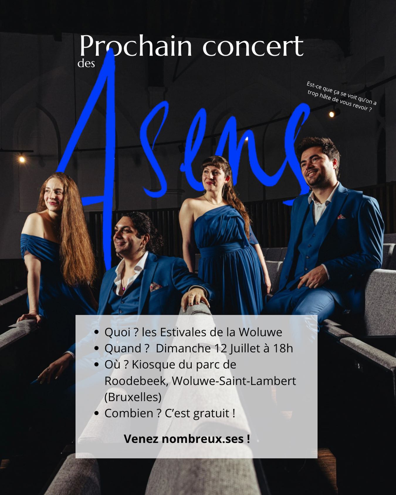 Prochain concert ce week end !
Ce dimanche, nous participons aux @lesmusicalesdelawoluwe, venez profiter du beau temps et du début de l’été avec nous au kiosque du parc de Roodebeek 🌷
📸 : @michieldevijver @bjorncomhaire