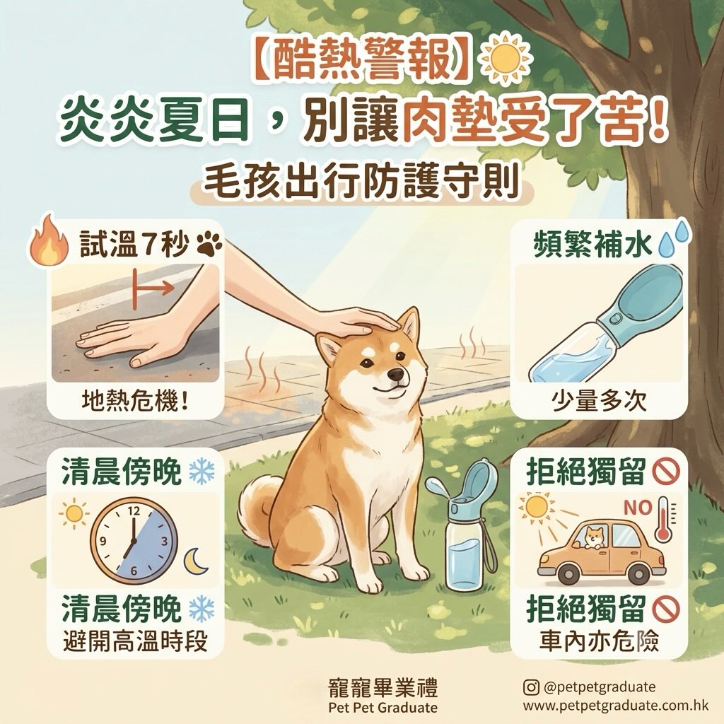 近日氣溫持續飆升,天文台已發出酷熱天氣警告。☀️
各位家長帶毛孩出門散步時,除了自己要防曬,更要時刻留意毛孩的身體狀況。因為牠們比我們更接近地面,感受到的熱度遠比我們想像的要高!
「寵寵畢業禮」為大家整理了 4個夏日出行防護守則,讓我們一起守護毛孩的健康與安全:
1️⃣ 燙傷危機:地面的「7秒法則」🐾
柏油路、水泥地在烈日曝曬下,溫度可高達 50°C-60°C!
測試方法:出門前,請先將手背