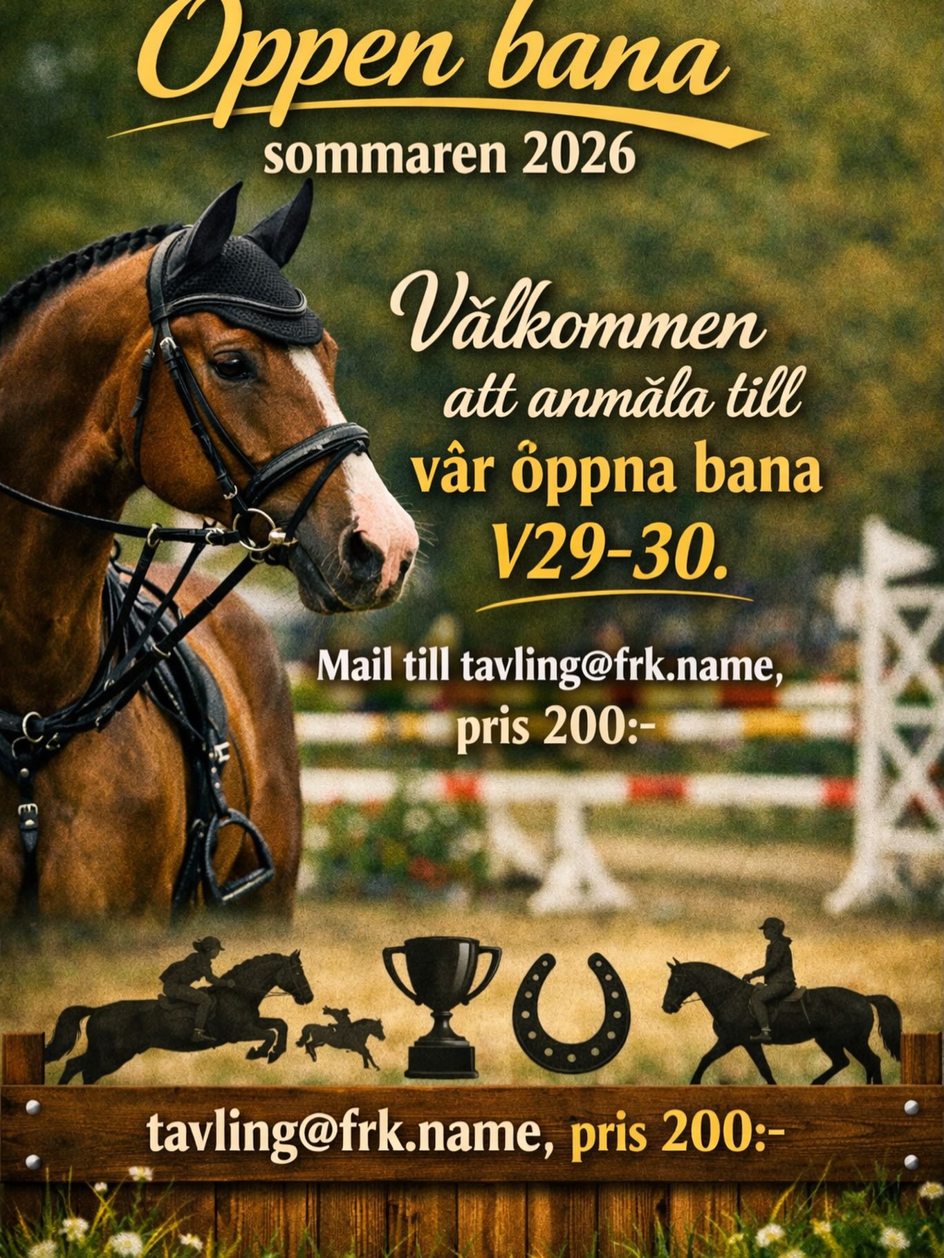 Välkommen att anmäla till vår öppna bana som går att boka tid på under V29-V30😊
Det kostar 200:-/ ekipage för 45 min och din tid är bokad först då du fått en bekräftelse tillbaka. Det sitter ett swishnummer vid ingången till paddocken och betalning sker innan man rider.
Är ni fler som vill rida samtidigt eller boka tid med egen tränare så löser vi det😊
Bokningsförfrågan mailas till tavling@frk.name
Varmt välkomna!