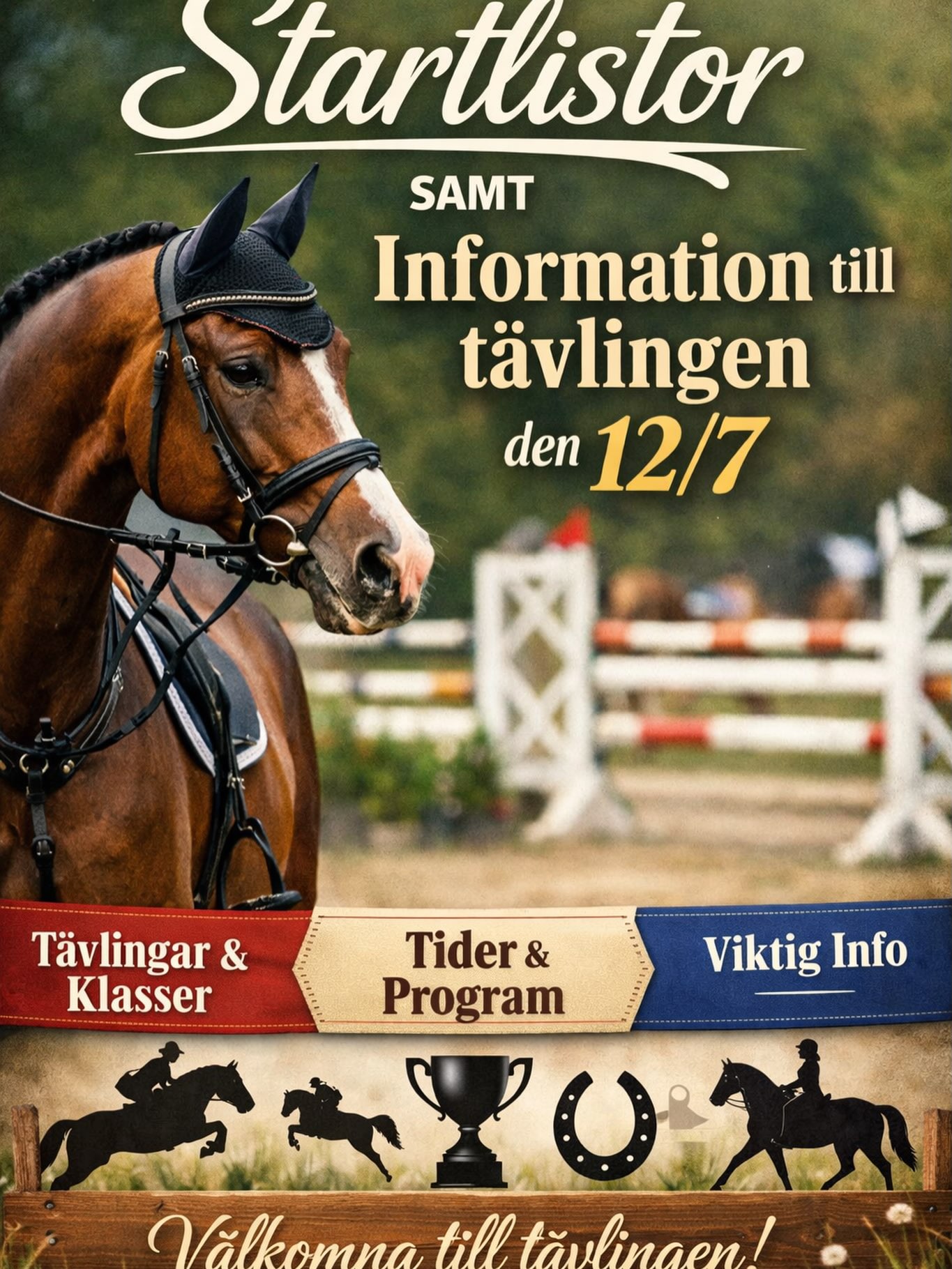 Varmt välkomna till vår tränings Fälttävlan den 12 juli.
Startlistor och övrig information hittar du via länken som ligger i bion😊 Uppsutten bangång till häst sker för 60cm klassen på förmiddagen fram till 12:20. Första start på terrängen är kl 12:30 och terrängen startar i samma ordning som dressyren .
Efter 60cm klassen kommer det finnas ca 30 min för uppsutten bangång (runt kl 14) för de som ska rida 80cm klassen och därefter startar vi den klassen.
Detta är första gången som vi anordnar en Fälttävlan och vi hoppas på en trevlig och rolig dag tillsammans med er🤩om ni har några frågor så tveka inte att ta tag i en funktionär som kan hjälpa er.
Varmt välkomna🥰