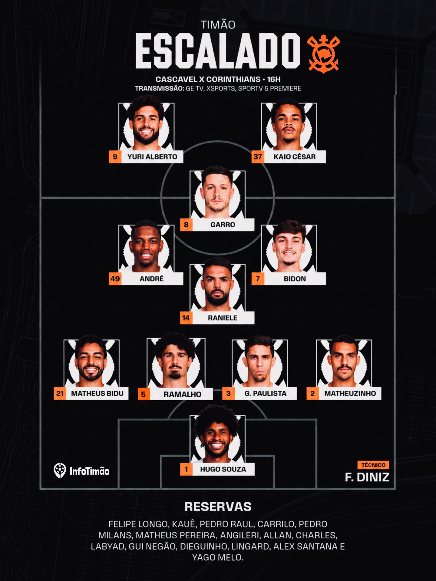 TIMÃO ESCALADO! 📋🏴🏳️
Fernando Diniz definiu a equipe que inicia o amistoso contra o FC Cascavel, último teste antes da retomada da temporada.
A bola rola às 16h, no Estádio Olímpico Regional, com transmissão pela GE TV (YouTube), XSports, SporTV e Premiere.
O que achou da escalação? 👇🖤🤍
#corinthians #vaicorinthians #sccp #timão #coringão