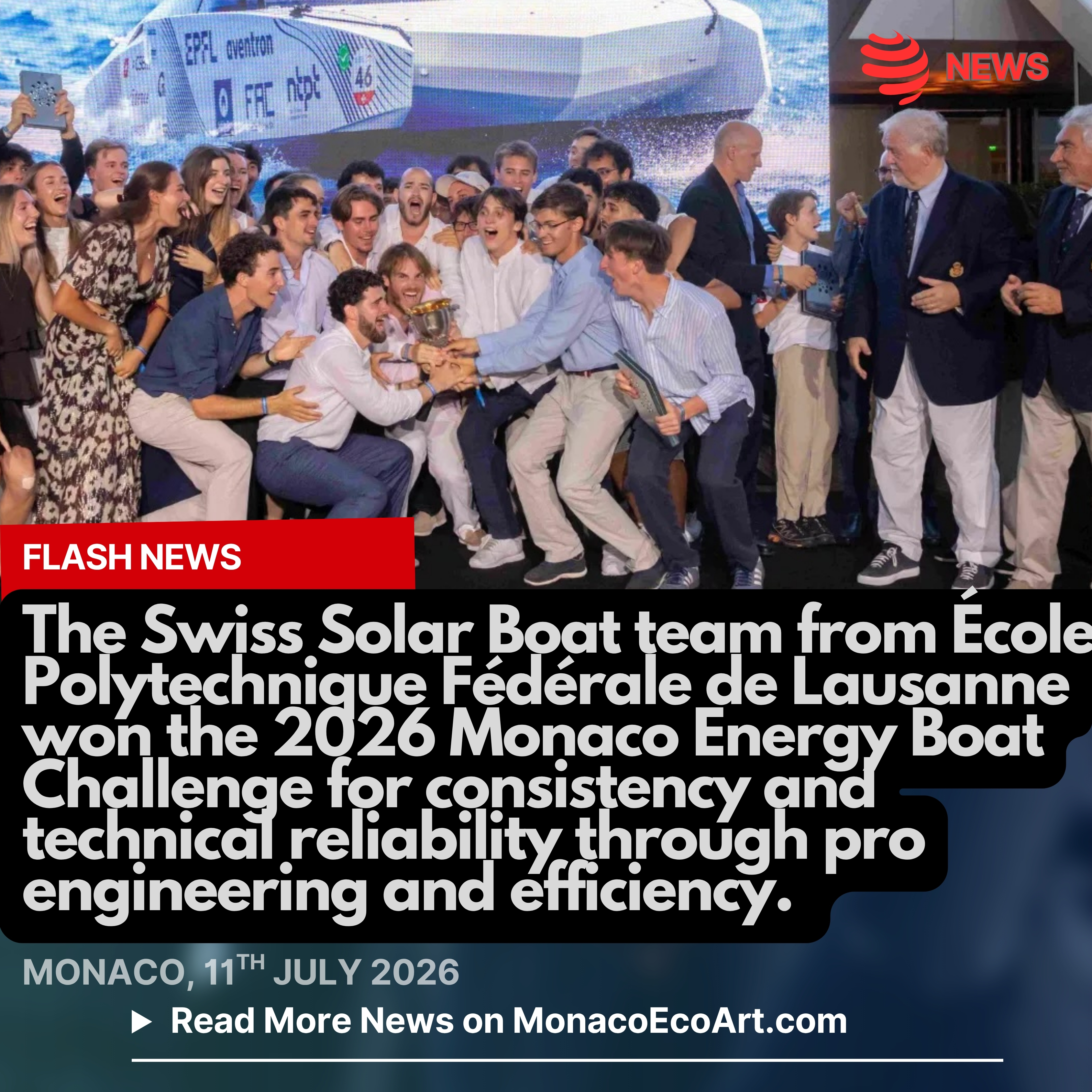 @mo.eco_art MonacoEcoArt.com #flash #news #awardwinnning #monaco #solarboat 🇲🇨 ♻️🔆11th July 2026, the Swiss Solar Boat team claimed the overall #championship at the 13th Monaco Energy Boat Challenge: the four-day event hosted 54 teams from 21 nations, showcasing cutting-edge #zeroemission #vessels powered by #solar energy, #hydrogen, #artificialintelligence, and #emethanol 🌊🔋🏅The Swiss Solar Boat team from the prestigious École Polytechnique Fédérale de Lausanne @epflcampus reached the podium of the overall championship by demonstrating unmatched #consistency and #technical #reliability across all on-water endurance and speed events, through advanced #engineering and #efficiency, notably: Hybrid Powertrain: They used a custom hybrid solar and hydrogen system that maximised clean energy usage; Foiling Technology: their prototype used hydrofoils to lift the hull out of the water, while reducing #water drag and increasing overall #speed; Direct-Drive Motors: they equipped direct-drive #torpedo motors which bypassed #mechanical friction and energy loss 🎖️🧭 In the Energy Class, the Argonauts team from Università di Bologna, Alma Mater Studiorum @unibo, secured first place for the second consecutive year while, in the New Green Tech section the University of Twente @utwente (Netherlands) introduced an e-methanol foiling boat, turning synthetic liquid fuel into hydrogen to power a fuel cell ⚓🚤 This unique competition continues to act as a living #laboratory for the #marine industry and big news is expected for the #future: organisers announced the new World Series, creating qualifying #events in locations like Lake Como, Italy, and Darwin, Australia, for finals in Monaco of the next few years 📸 © @yachtclubmonaco @monacoenergyboatchallenge - Layout and Contents by: © MonacoEcoArt.com