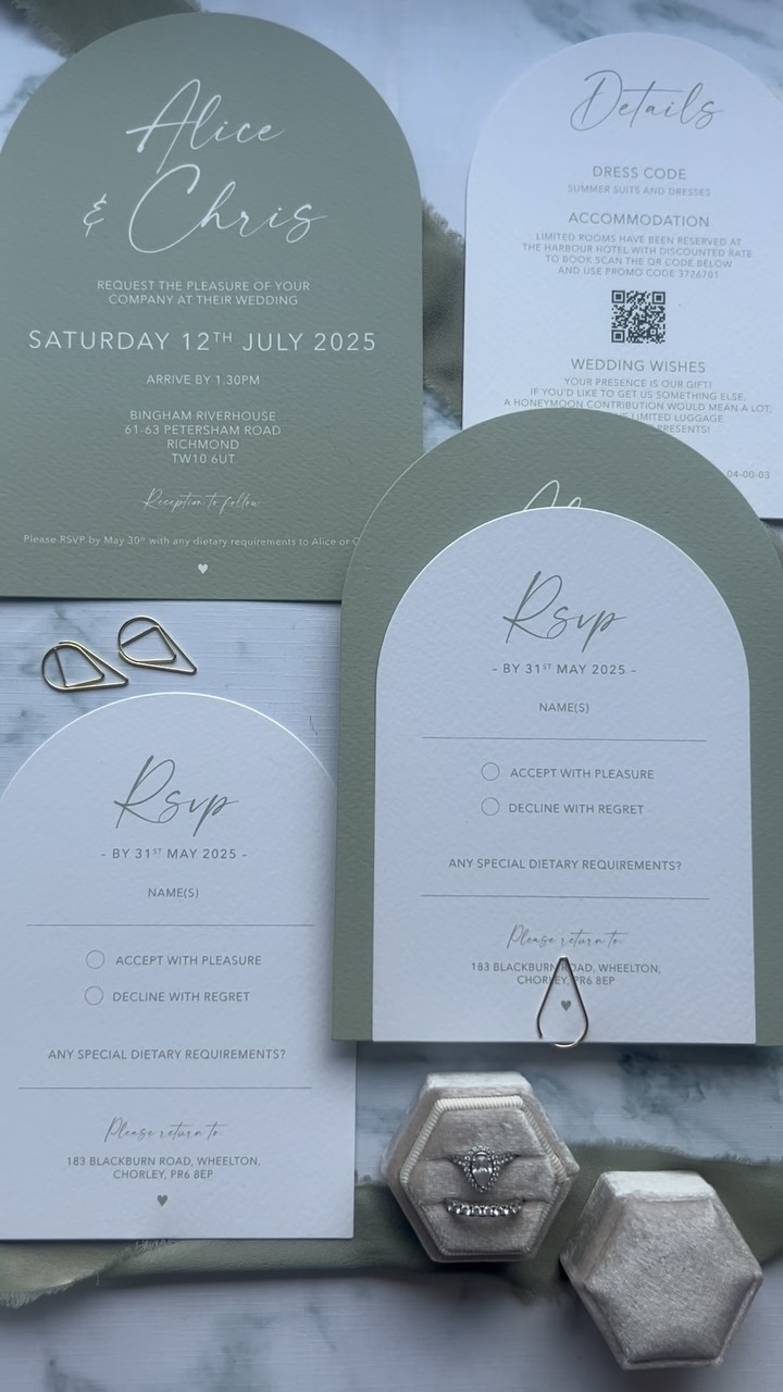 Introducing the Alice Collection ✨
Elegant arch-shaped invitations, thoughtful details and a design that’s completely customisable to suit your wedding.
Sage, blue, blush, black… whatever your vision, this suite can be tailored to match it perfectly.
Which colour would you love to see next? Let me know in the comments 💜
#LuxuryWeddingInvitations
#WeddingStationery
#WeddingInvitationsUK
#UKWeddingSupplier
#WeddingInspiration