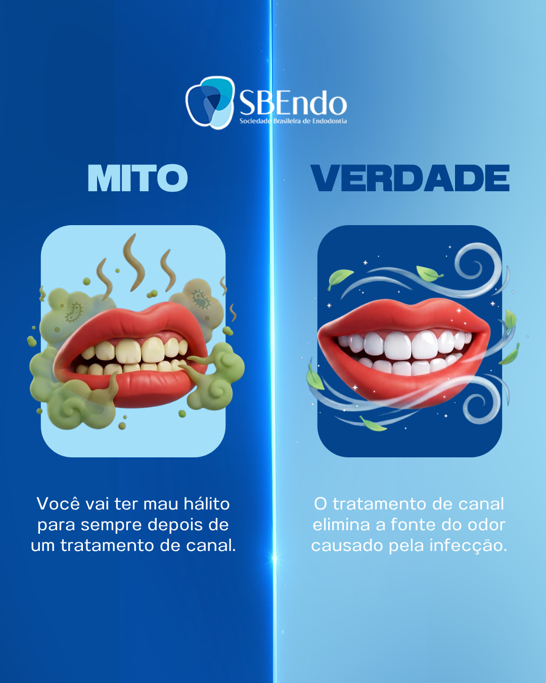 Quem nunca ouviu dizer que tratamento de canal deixa mau hálito?
Esse é um dos mitos mais comuns sobre a Endodontia.
O mau hálito não é causado pelo tratamento. Na maioria dos casos, ele está relacionado à infecção presente no dente.
Quando essa infecção é eliminada durante o tratamento de canal, seguido da restauração final, a origem do odor também desaparece.
Ou seja: o tratamento não provoca o problema. Pelo contrário, ele elimina a causa.
Tem alguém que ainda acredita nesse mito? Envie este post e ajude a levar informação de qualidade.
#SBEndo #Endodontia #TratamentoDeCanal #Odontologia #MitoOuVerdade