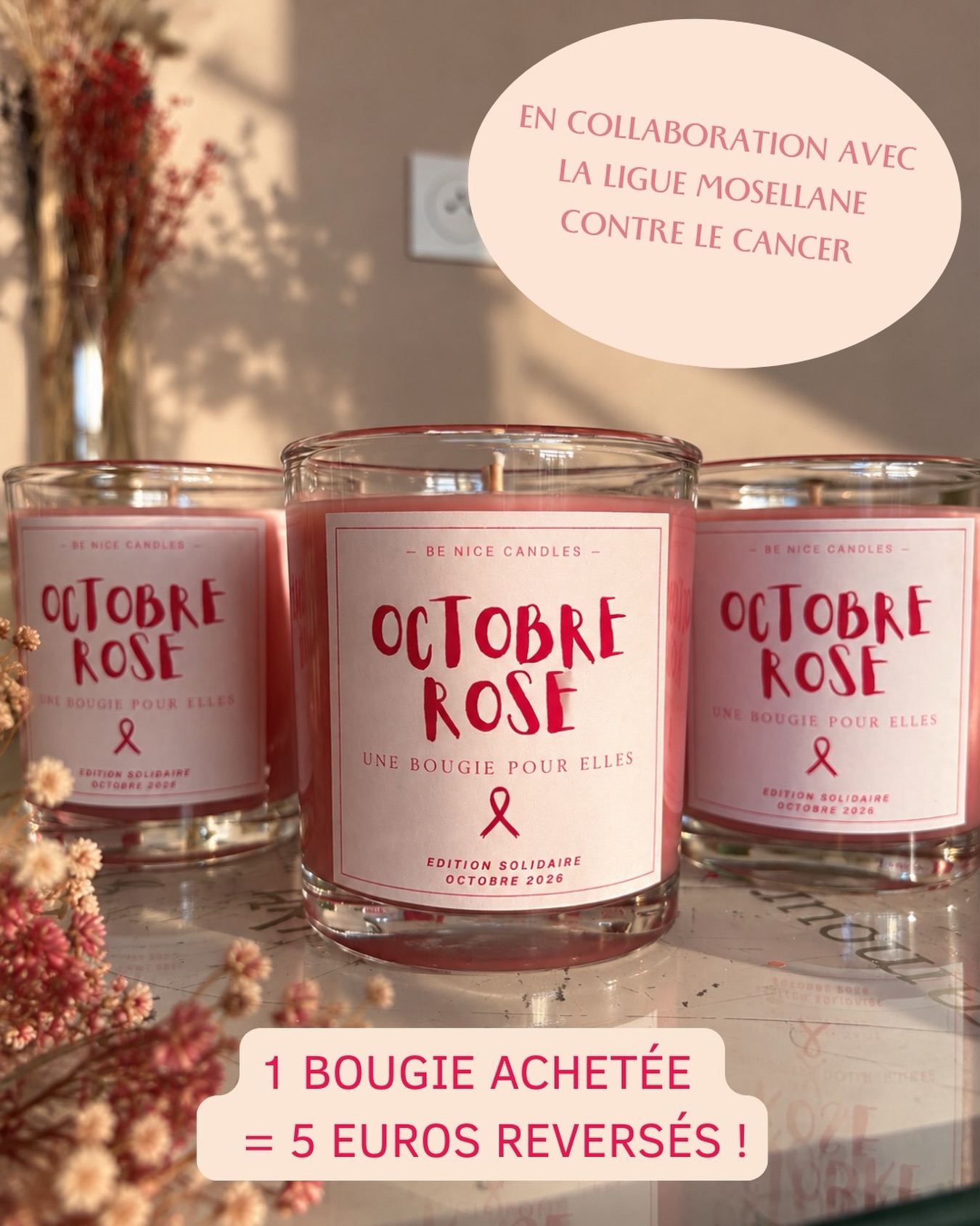 — OCTOBRE ROSE
Cette année, il me tenait à cœur de me mettre au rose et de soutenir une cause, qui touche tant de femmes, de familles, de proches.
J’ai donc imaginé une bougie « pour elles » - une édition solidaire créée spécialement pour Octobre rose. 💞
Je m’engage donc à reverser 5€ pour chaque bougie vendue, à la ligue mosellane contre le cancer @liguecancer57 afin de les soutenir dans leurs actions.
Une bougie pour soi, sa maman, sa sœur, son amie… ou simplement pour une femme qui mérite de prendre soin d’elle ! 🤍
Alors je compte sur vous, pour m’aider dans cette action.
Merci à toutes les personnes qui joueront le jeu en achetant une bougie, ou qui partageront ou republieront la publication.
Stock limité
Disponible en magasin : 6 grand rue 57525 Talange
@maisonbeja