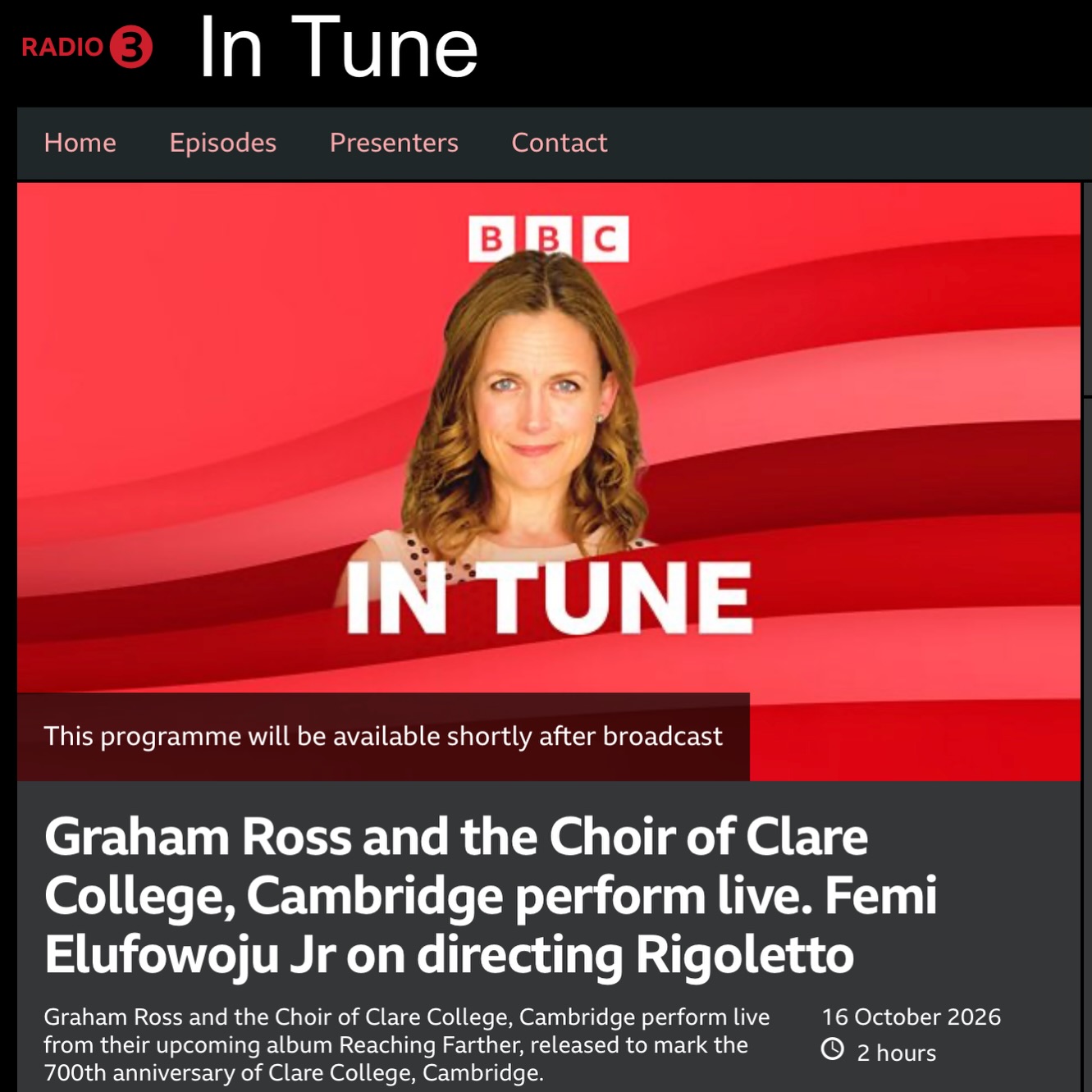 📻 Tune in to In Tune tomorrow! We perform live in the @bbcradio3 studio with @mrgrahamross, talking to @thekatiederham about our new album Reaching Farther, released worldwide next week on #SignumRecords, celebrating the 700th anniversary of @clarecollege.
🔗 https://www.bbc.co.uk/programmes/m0032hxt